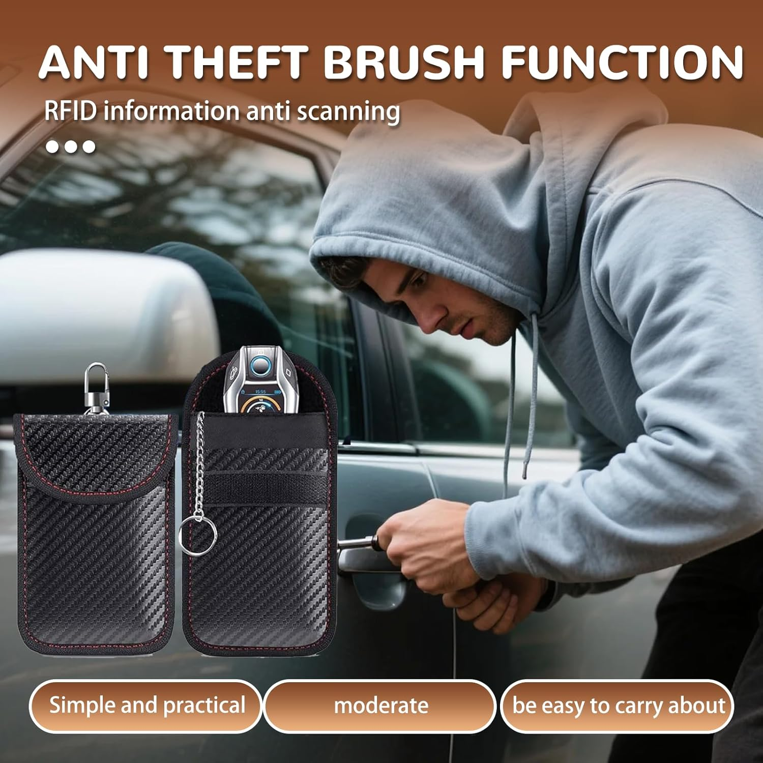 Faraday Pouch for Car Key RFID Blocker Bag Carbon Fiber Waterproof Key Holder Signal Blocking anti Theft Key Fob Protector Black 2 Sizes Medium Large image number 1