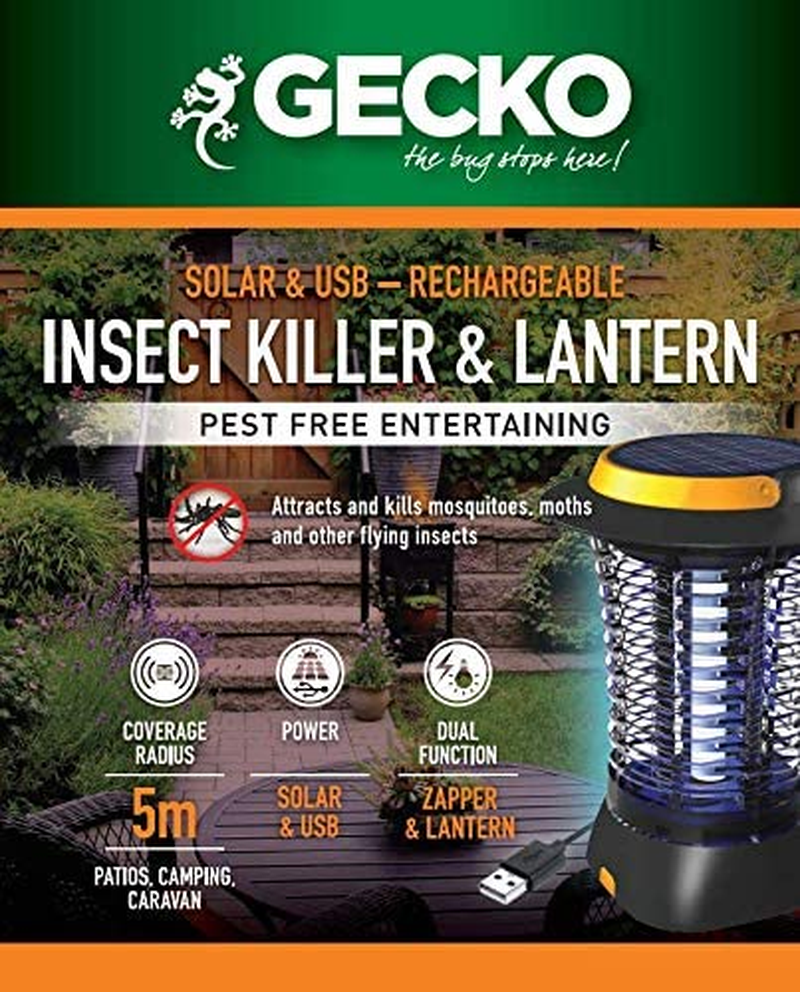 Gecko Rechargeable Solar USB Bug Zapper &ndash; Indoor Fly Trap and Cordless Mosquito Zapper for Camping, Patios, Backyard &ndash; Outdoor UV Lamp Fly Control, Weatherproof Insect Unit, 20H Runtime, 5M Radius