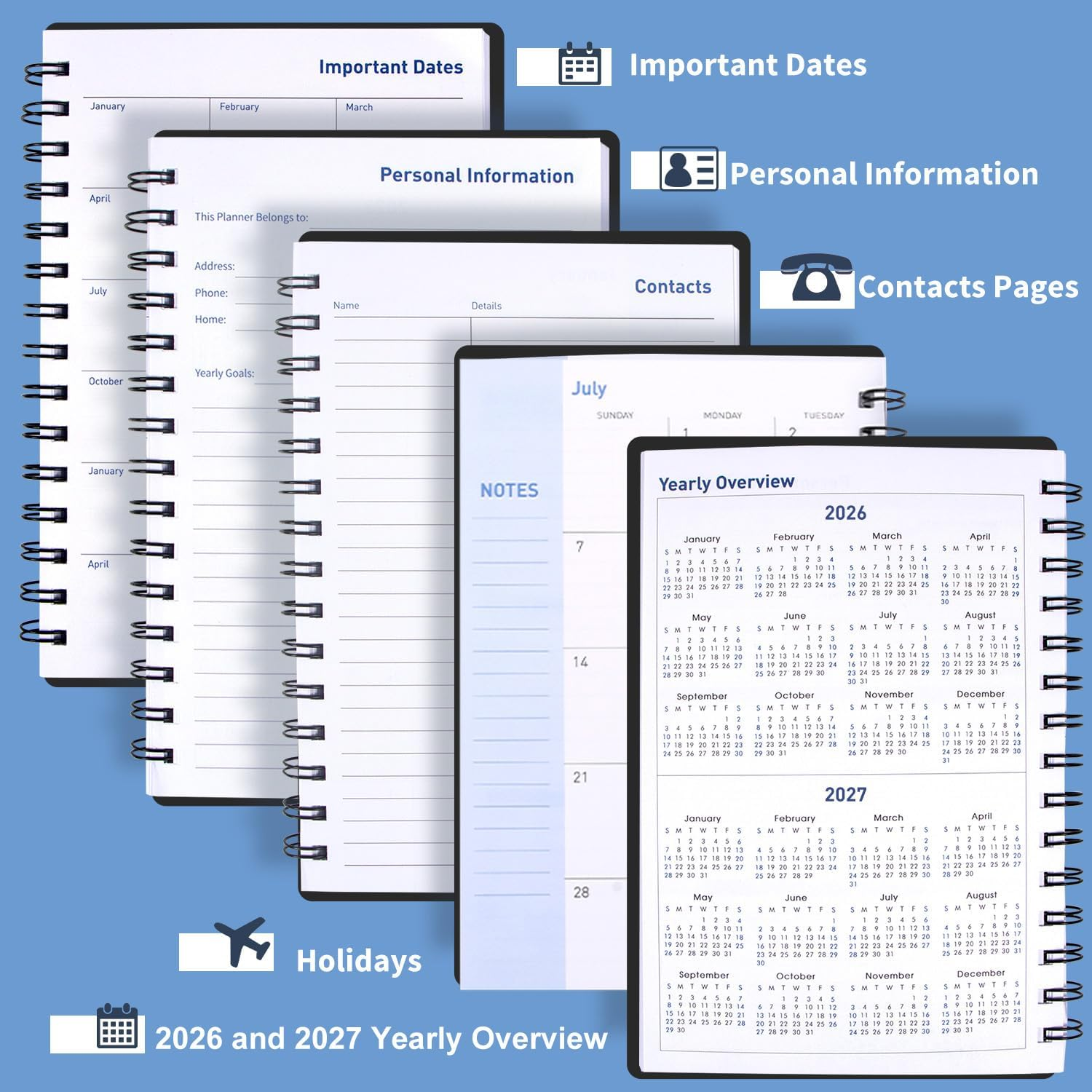 Monthly Weekly Daily Planner 2026-2027 with Stickers, Agenda Planner from January 2026-June 2027, 5.7'' X 8.2'' (Black) - Deep Blue image number 5