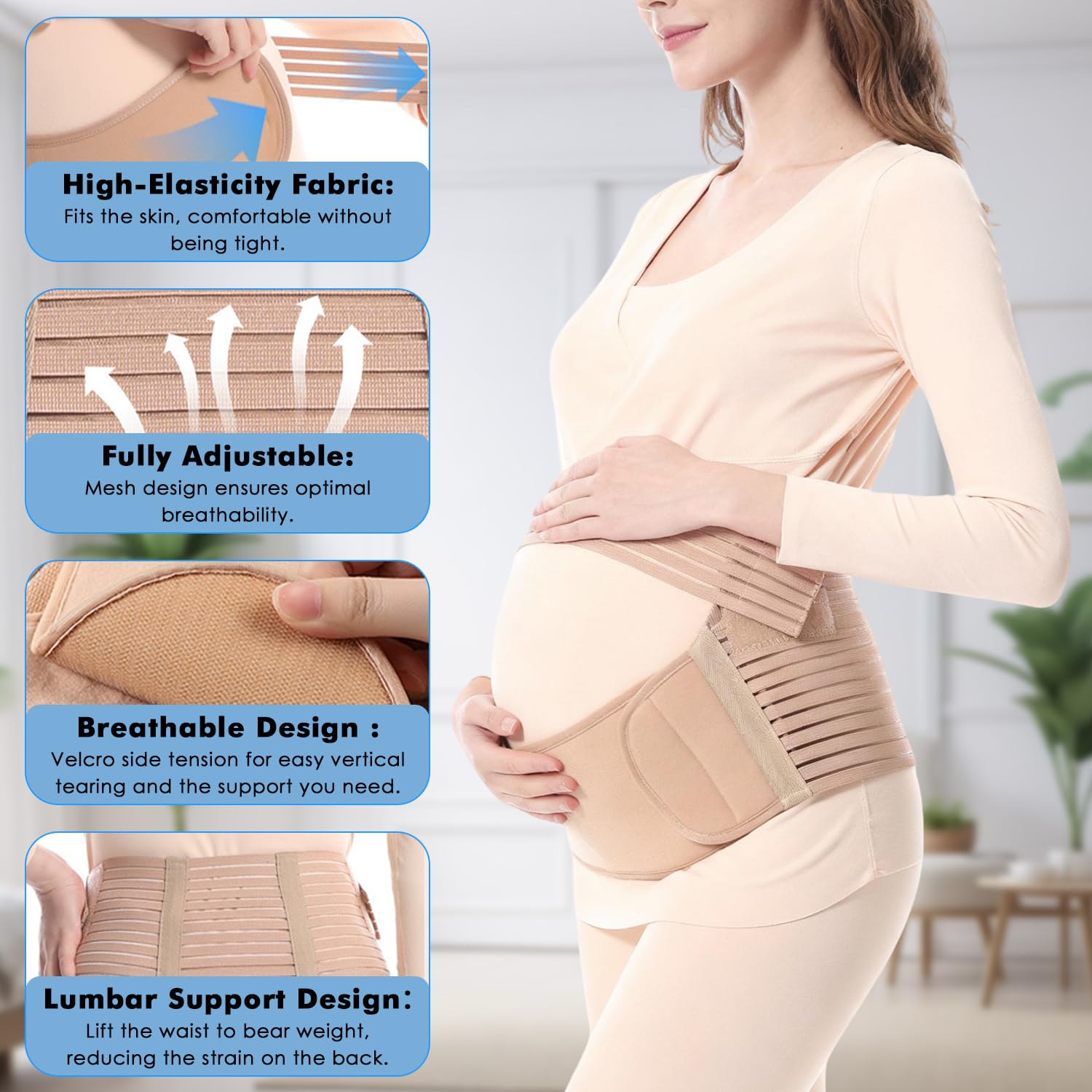 Yakiter Maternity Belt, 3 in 1 Pregnancy Belly Support Band, Waist/Back/Abdomen Band, Breathable Mesh, Gentle Compression, Ultra Soft, Pain Relief (Beige) image number 1