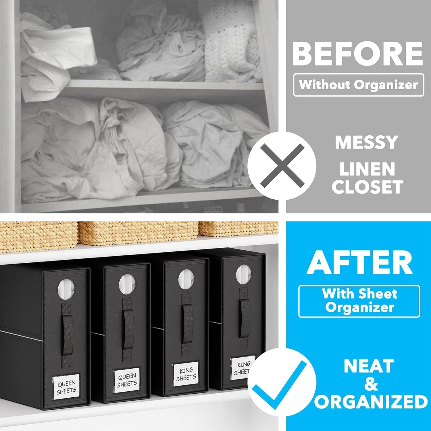 BDZBREN Bed Sheet Organizers and Storage, Foldable Organizer for Linen Closet, Sheets Set Folder Keeper with Window XL (Queen & King Size) Organizing Bedding Container (4 Pcs, Black) - Black image number 2