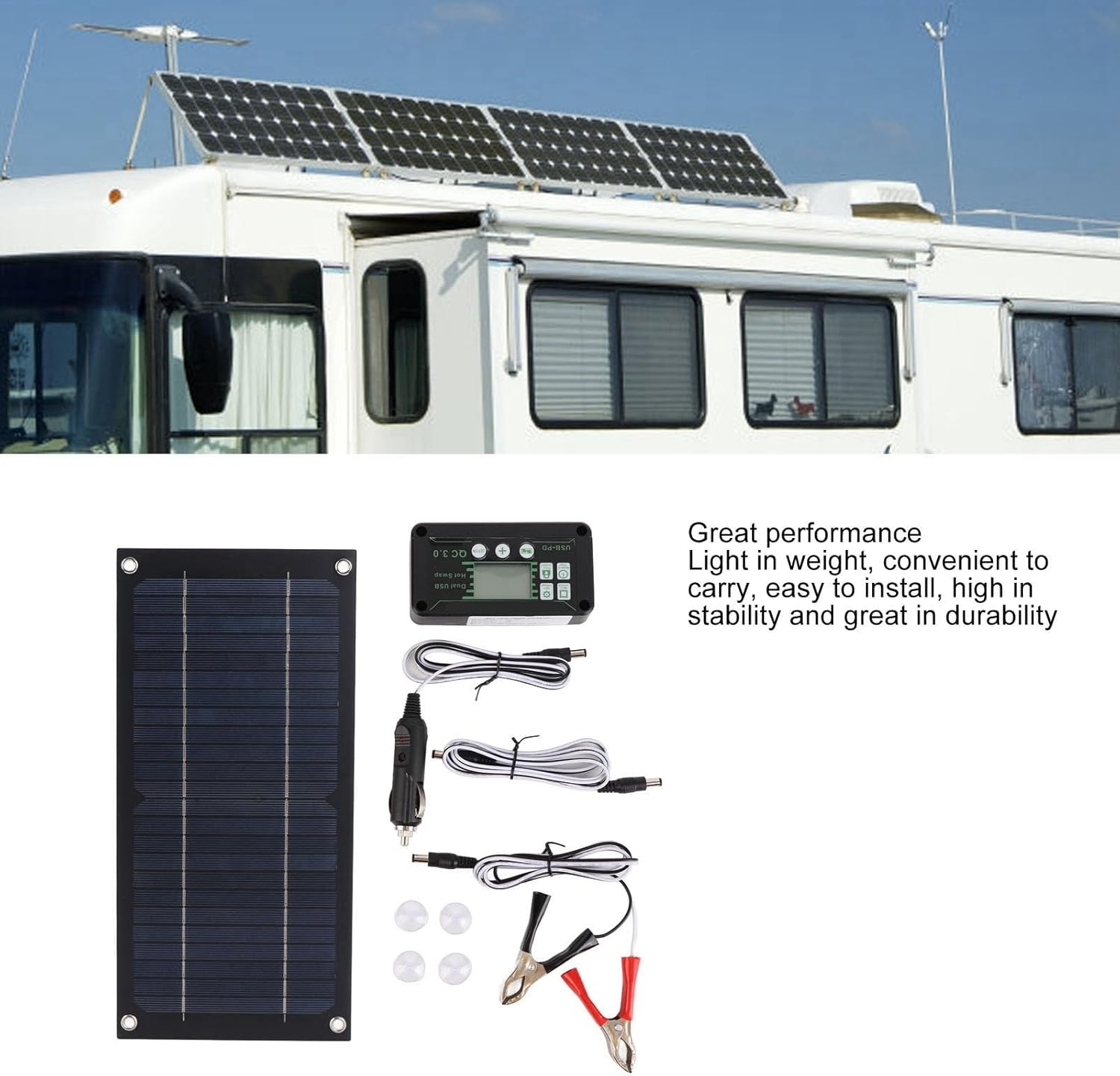 600 Watts Solar Panel Kit, High-Efficiency Monocrystalline Solar Panel Charger with Extension Cable and Battery Clip for RV Outdoor Camping and Other off Grid Applications image number 4