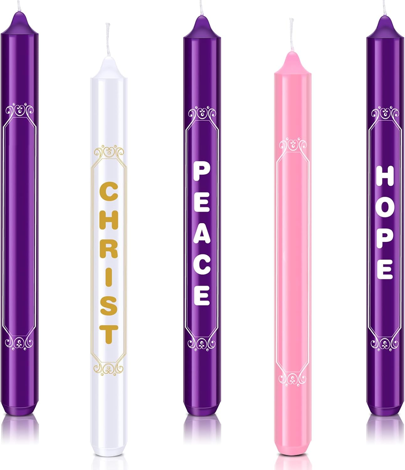 Tondiamo 5 Pieces Christmas Advent Candles with Words Christ, Peace, Joy, Hope White Advent Wreath Candlestick Christmas Advent Candle Taper Candles Purple Candle for Church Advent Wreath Decor image number 1