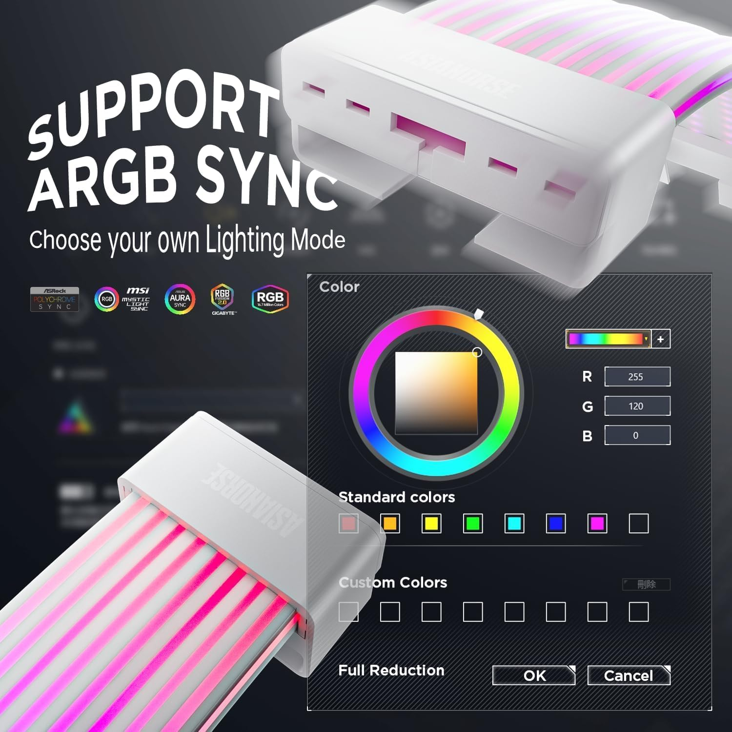 Asiahorse ARGB PSU Extension Cable Cover Kit, Light up RGB LED Strip 2Pack for GPU and Motherboard PSU Cables, 5V 3 Pin ARGB Sync, Compatible with 8 Pin, 16 Pin, 24 Pin PSU Cable. Aurora-Co-White image number 2