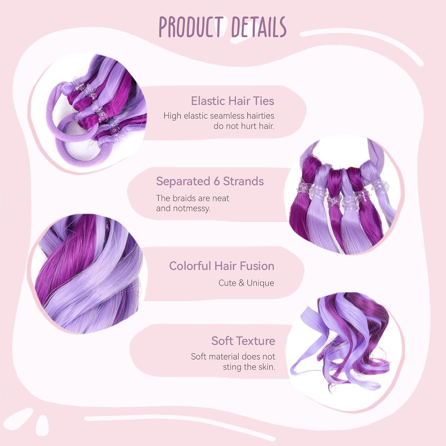 Mini Colorful Rubber Band Ponytail &ndash; Colored Braids Hair Extensions with Rubber Band Playful & Stylish Hair Accessory (Purple) - Blue image number 7