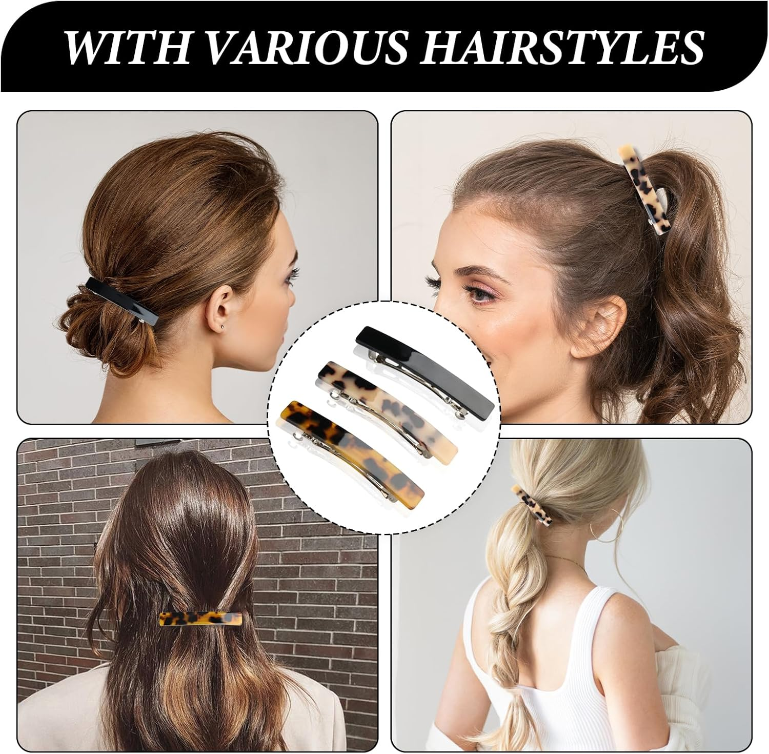 Joynine Pack of 3 Hair Clips, Women'S French Hair Clip, Rectangular Hair Clip, Automatic Small Hair Clips for Fine, Thin, Medium Thick Hair (Black/Dark Tortoiseshell/Light Tortoiseshell) image number 2