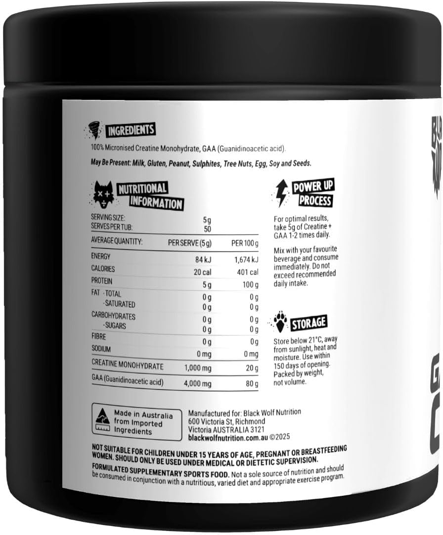 Black Wolf GAA + Creatine 250Gm 50 Serves image number 2