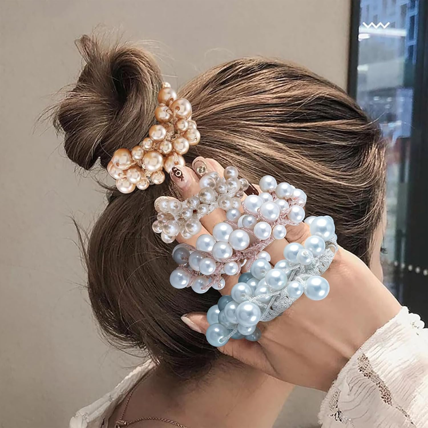 Coriver Women'S Hair Accessories, Pack of 4 Pearls Hair Elastic, Elastic Beads Hair Accessories with Beads, Scrunchies Pearls Rhinestone for Women, Hair Bobbles Scrunchies Girls, Hair Accessories image number 5