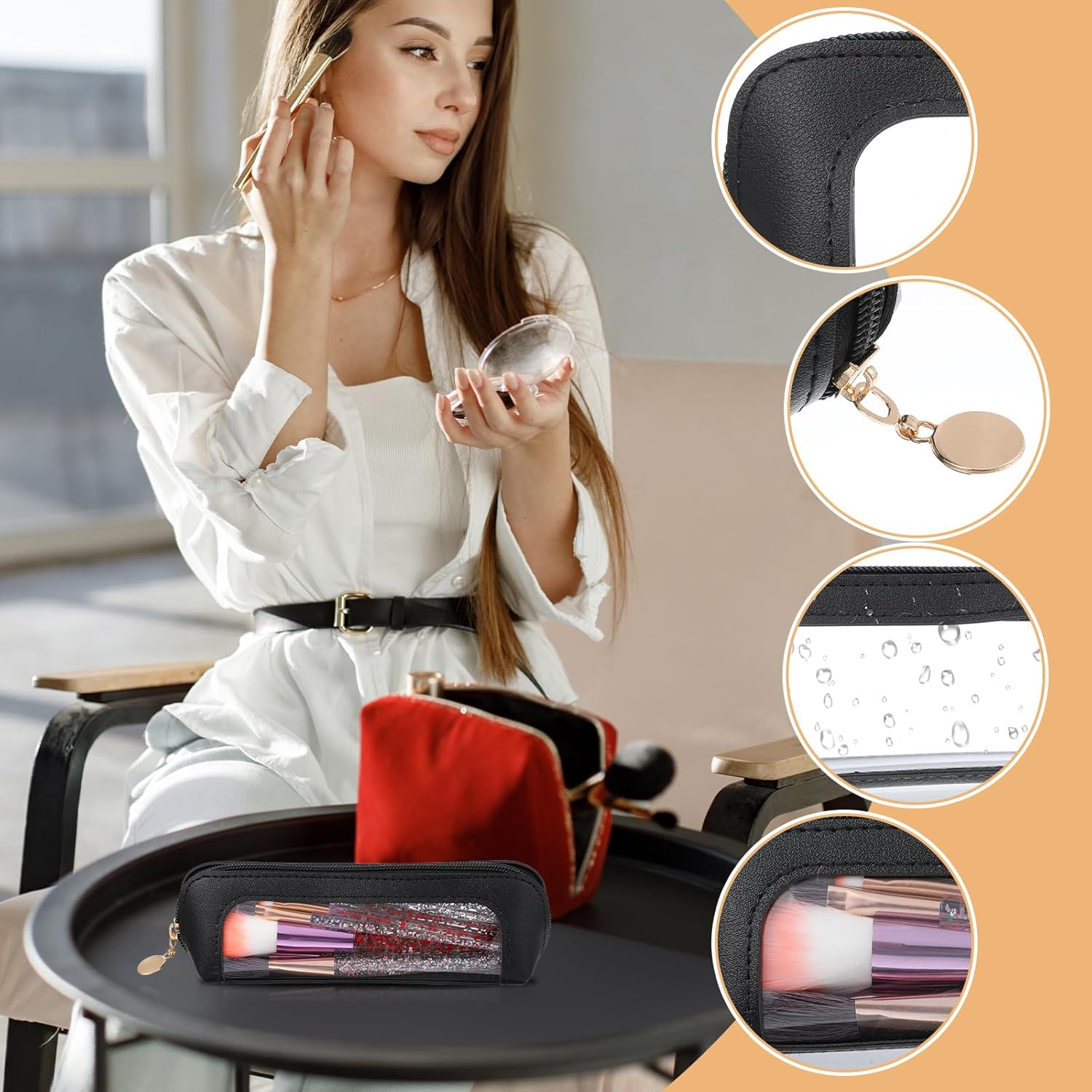 Clear Makeup Bag, Portable Transparent Cosmetic Organizer, PU Leather Makeup Brush Holder, Waterproof Travel Toiletry Pouch with Zipper for Women, Slim Makeup Case for Home, Office, Travel, Black image number 6