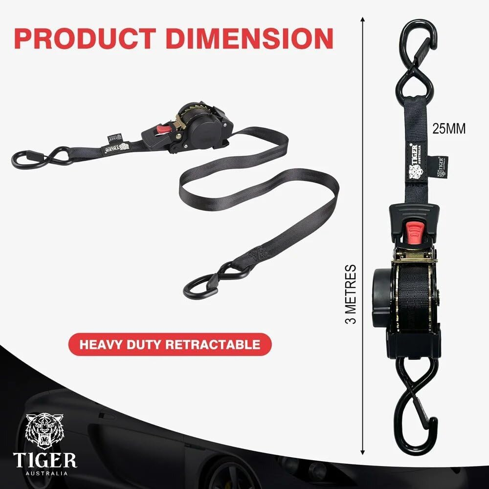 Tiger Australia Retractable Ratchet Straps 25Mm X 3M 800KG Heavy Duty 2-Pack image number 3