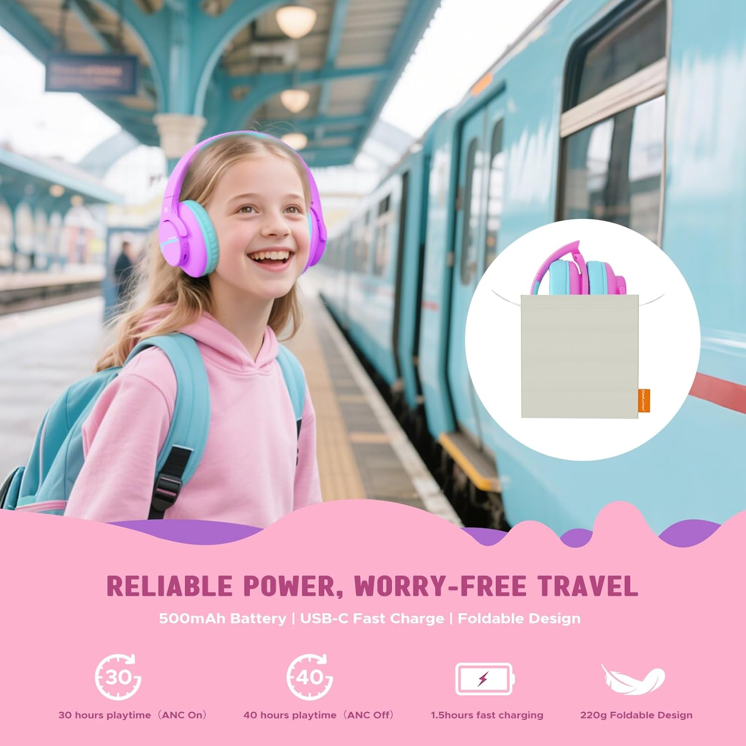 Steellumen Active Noise Cancelling Bluetooth Headphones Children, ANC Mode, Children'S Headphones Wireless, Bluetooth 5.4, 40H Playtime, 74/85/94Dba Safe Volume, Comfortable for Air Travel