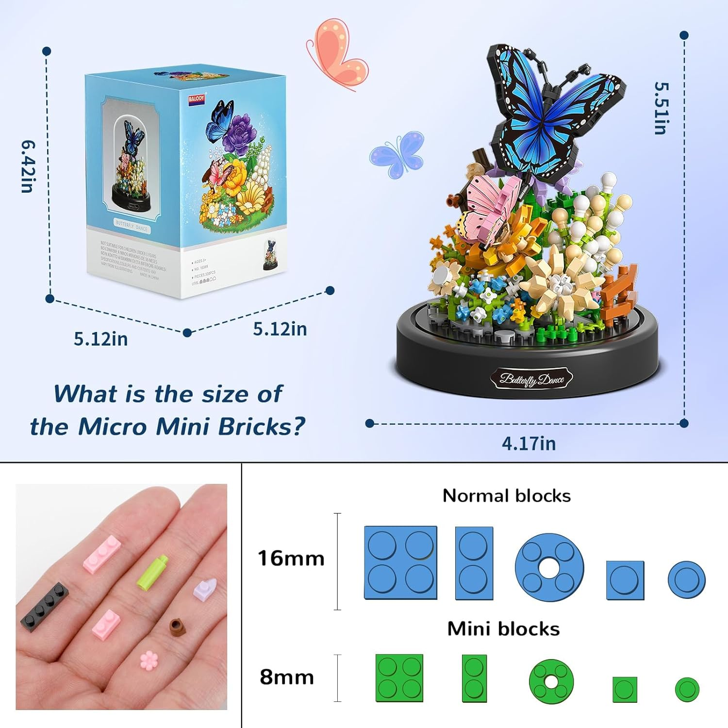WINNER SPACE Butterfly Flower Bouquet Building Kit for Adults, Animals Flowers Botanical Collection Mini Building Blocks Set, Valentine'S Day for Her Mom Women Wife Girlfriend (530 PCS, Blue)