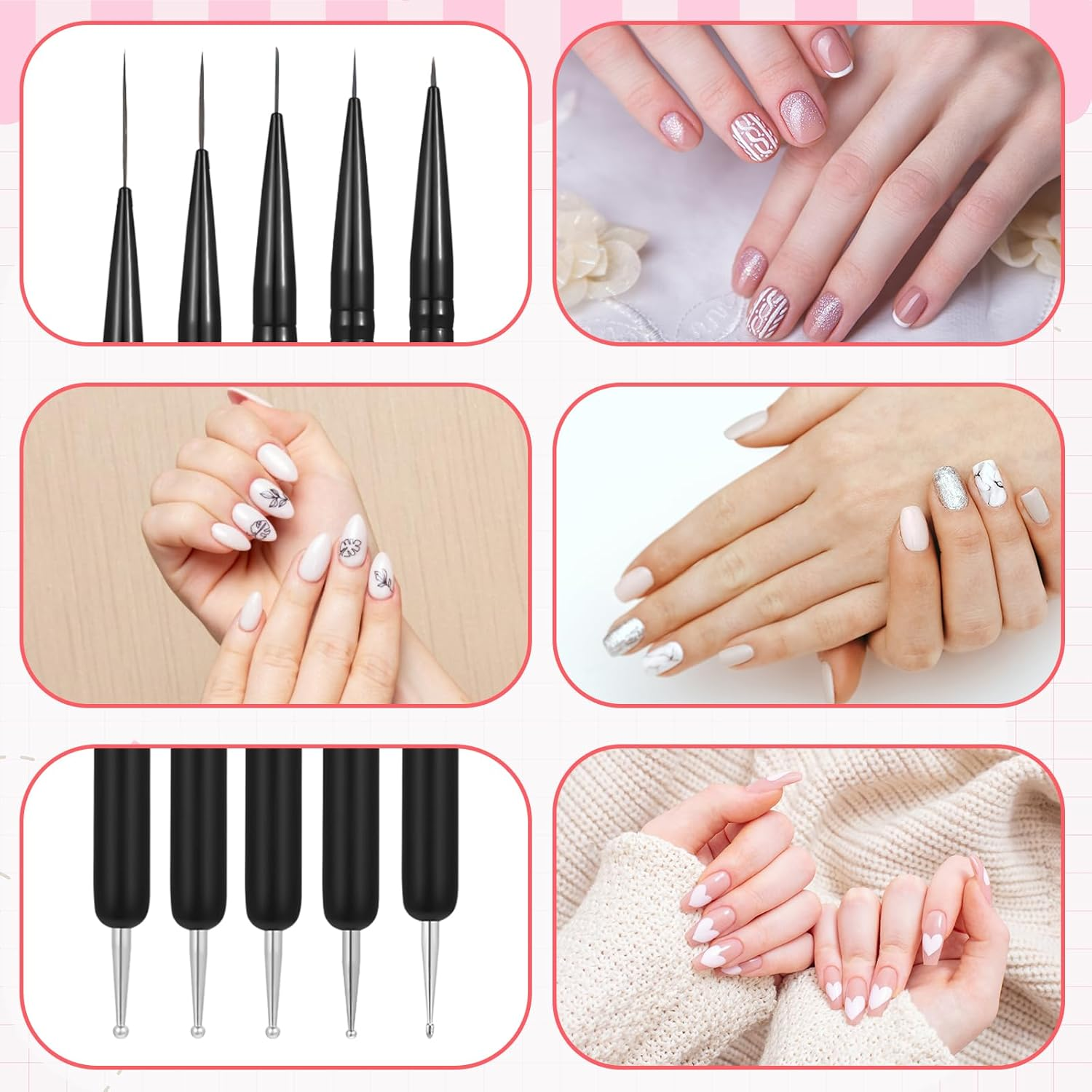 Set of 5 Nail Art Brush Liner Brushes and Dotting Tool Set Painting Art Design Brush Set Double End Nail Art Brush Set for Nail Design and Gel Nails Thin Details Long Lines 5/7/12/16/20 Mm image number 6