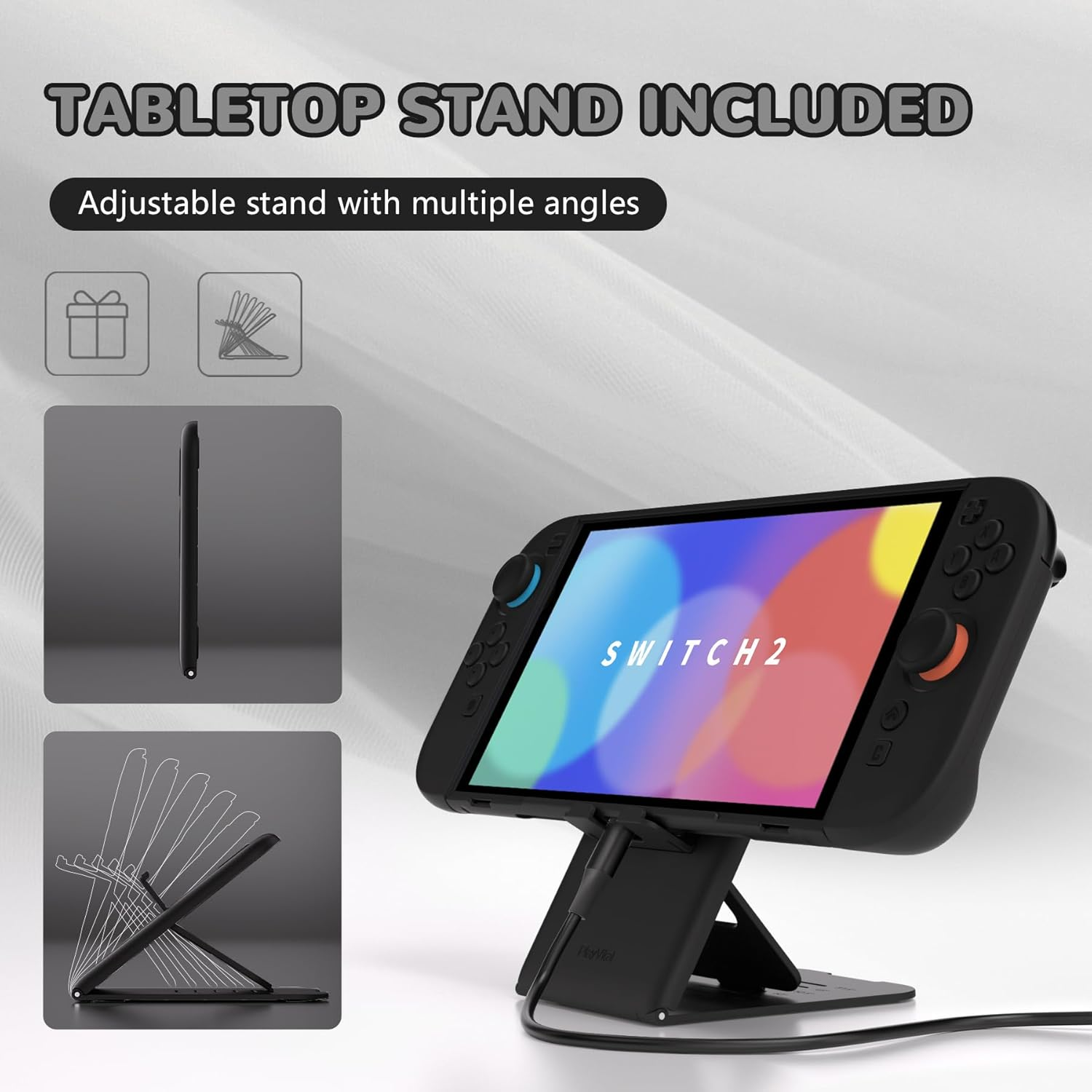 Playvital Solid Color Series Protective Case for Nintendo Switch 2, Anti-Scratches Hard Shell Dockable Grip Cover with Extra Foldable Stand & Thumb Grips for Nintendo Switch 2 - Black image number 3