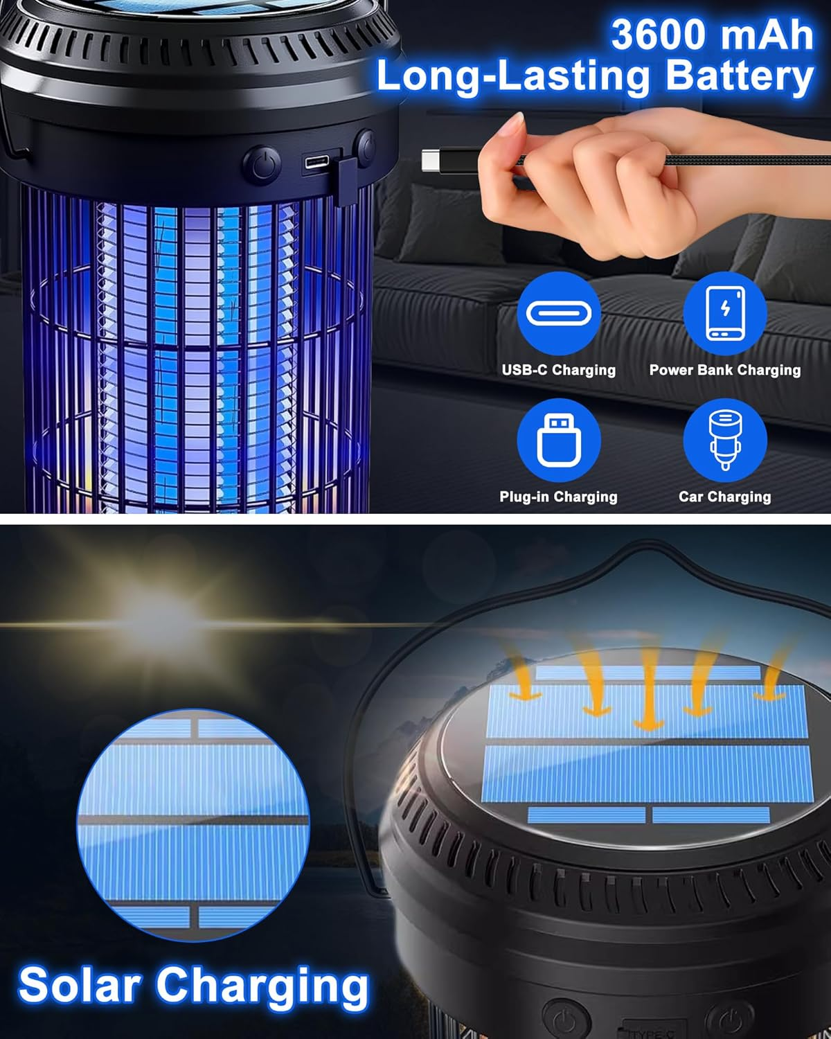 Necomi Solar Bug Zapper, Electronic Mosquito Killer/Insect Killer with LED Bulb Light, 3200Mah Solar & USB Charging Electric Bug Zapper Killer Lamp for Home Office Camping Backyard Outdoor