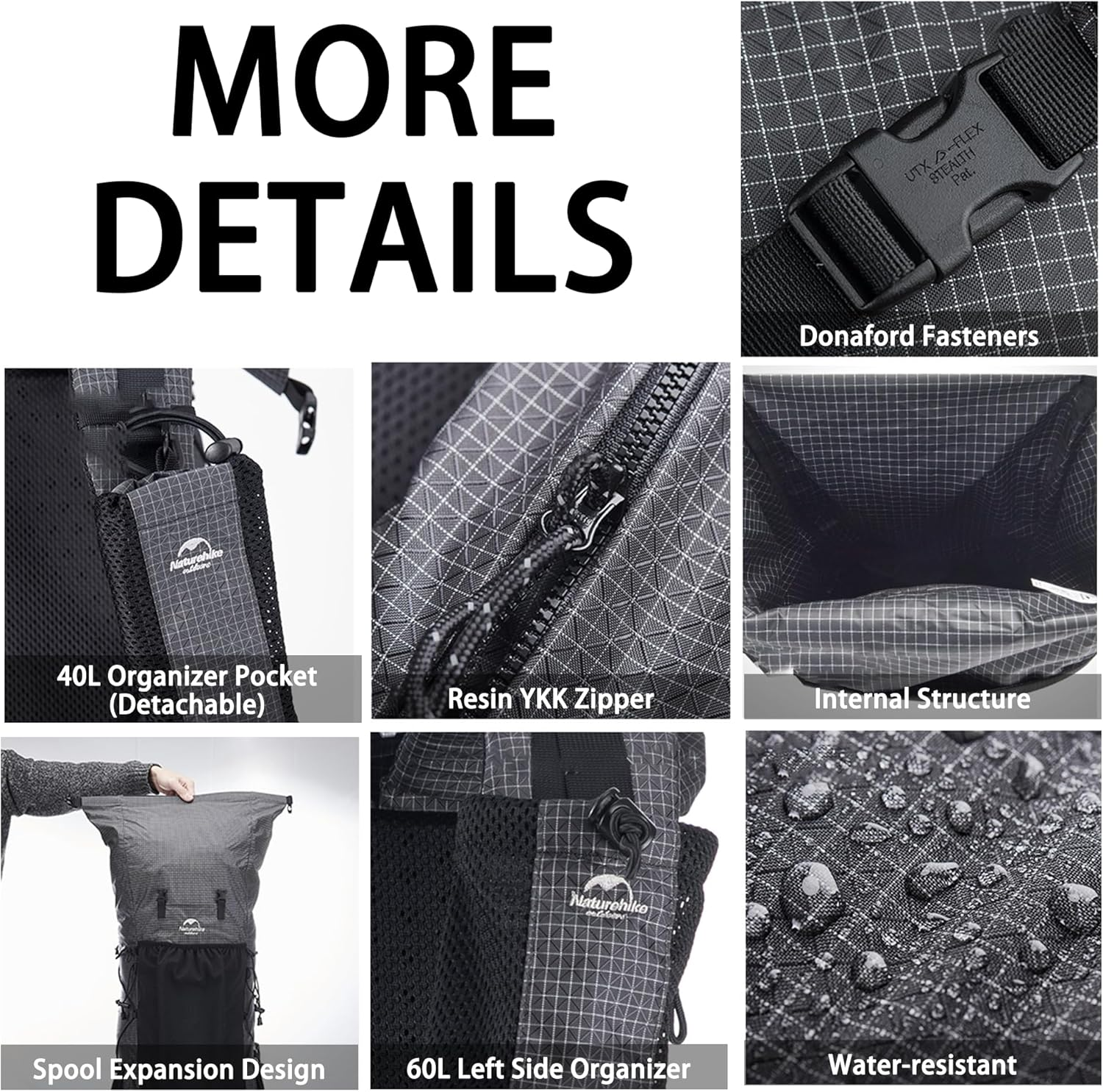 Naturehike Rock-40L/60L+5L Internal Frame Hiking Backpacking Backpack, Camping Waterproof Bag, Ultralight Outdoor Daypack with Rain Cover for Hiking, Backpacking,Camping Survival image number 3