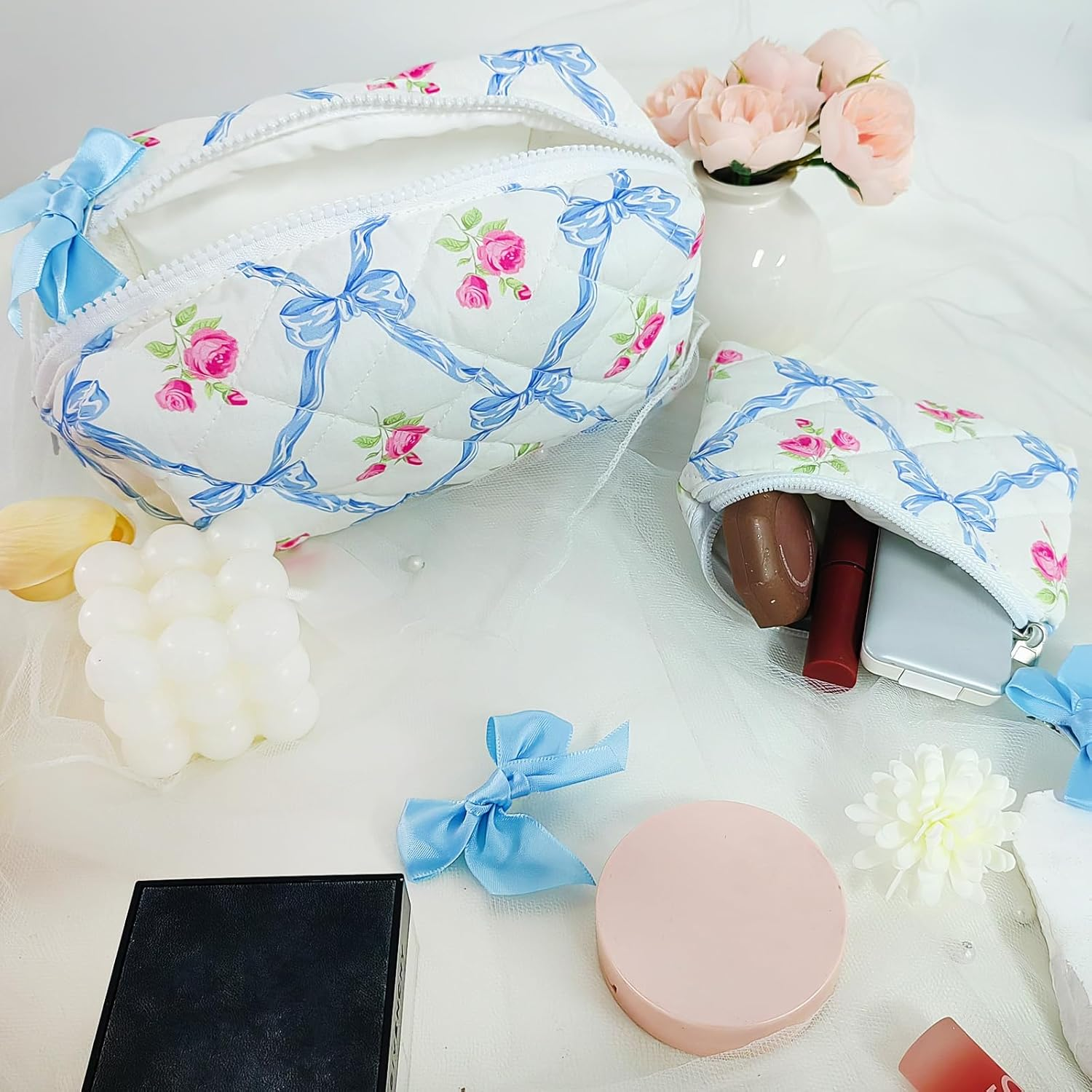 LYDZTION 2PCS Cute Quilted Makeup Bag for Women, Floral Makeup Bag Cosmetic Bag Pouch Coquette Bow Small Makeup Bags Aesthetic Stuff Travel Essentials for Women, Blue - Blue image number 3