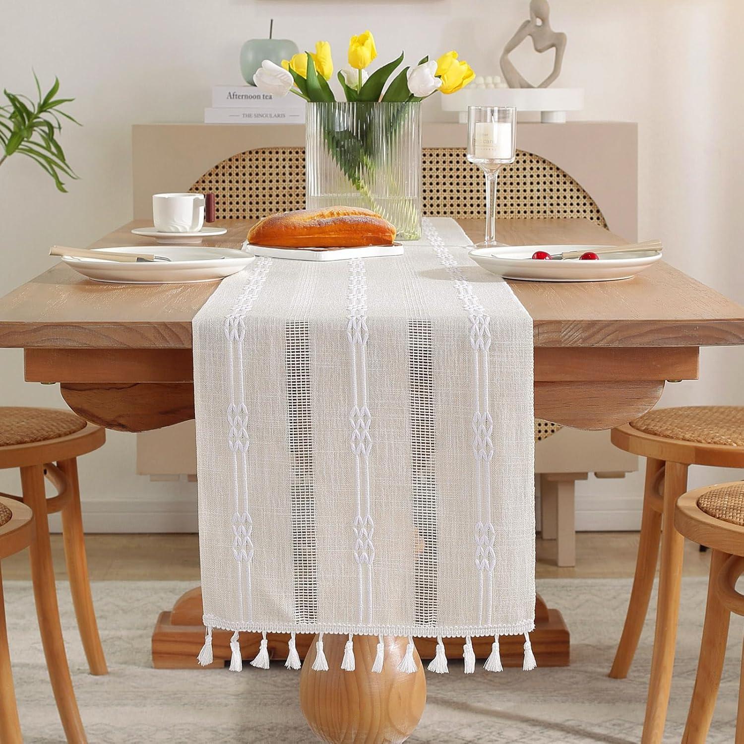 Bigqin Table Runner with Tassels 183 X 33Cm Farmhouse Table Cloth Cotton Linen Table Decoration for Holiday Party Wedding and Dining Decorations, 72 X 13 Inch, Ivory image number 1