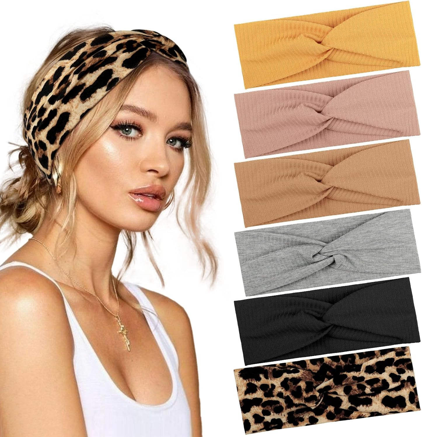 PROPOG Pack of 6 Women'S Hair Bands, Elastic Headband, Women'S Non-Slip Leopard Print Hair Bands, Women'S Soft Headscarf, Headband, Wide Hair Accessories for Yoga, Sports, Running, Exercise