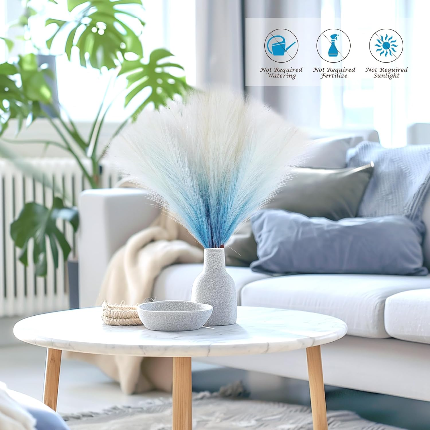 Lenamos 6 PCS Faux Pampas Grass Arrangement - 17.7"/45Cm Artificial Fluffy Pompous Grass Stems for Boho Chic Home and Wedding Decor (Gradient Blue) image number 5