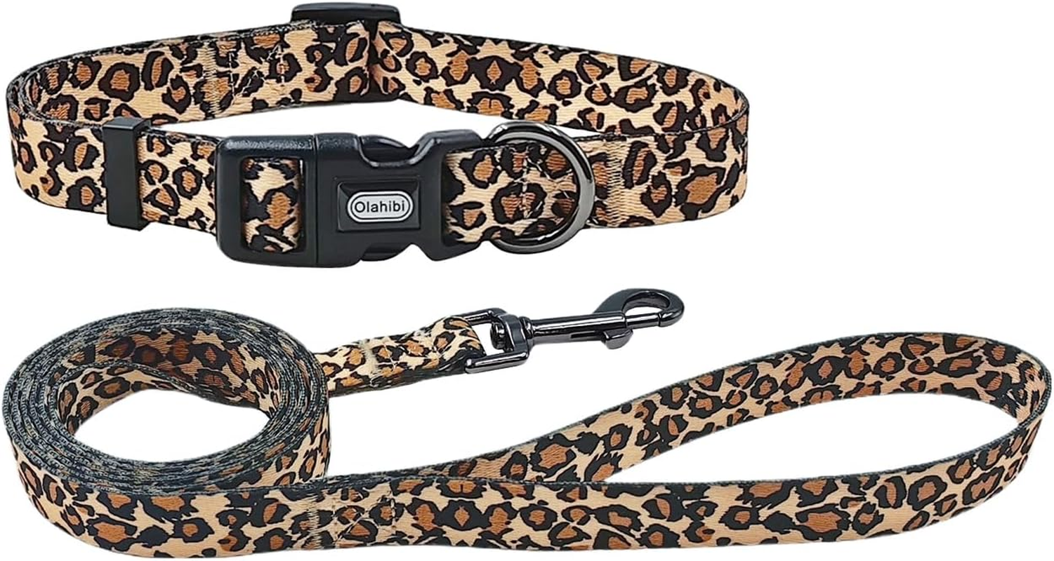 Olahibi Dog Collar Leash Set, Leopard Pattern, Polyester Material, Adjustable Collar and 5Ft Matching Leash, for Small Dogs.(S, Brown Leopard) image number 3