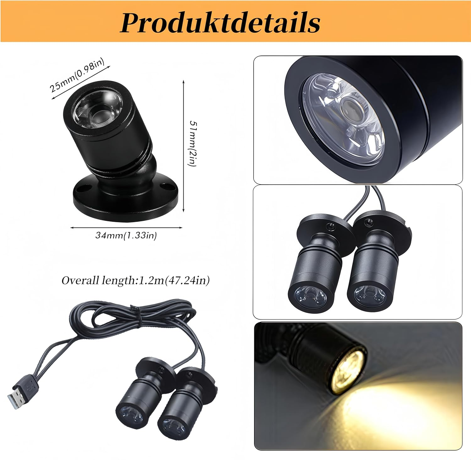 Guangyu Double Heads USB Small LED Spotlight Cabinet Light 3 W 360&deg; Swivelling Mini LED Spot for Cupboard Warm White Light Hallway Galleries Shops Jewellery Cabinet image number 5