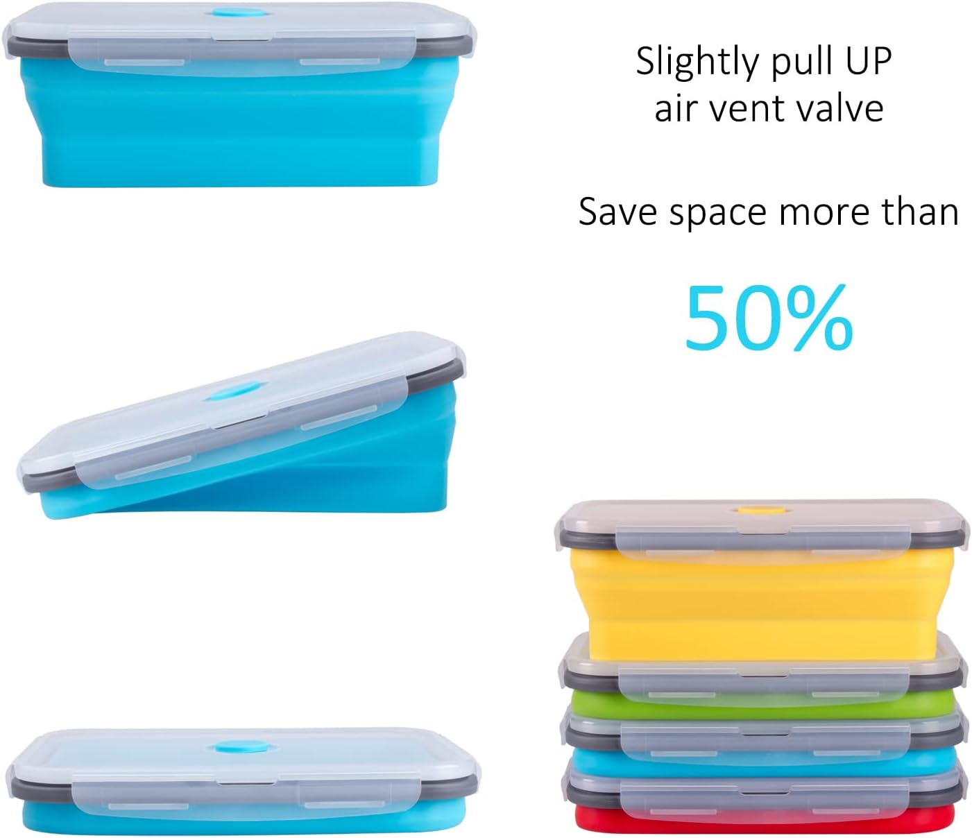 Collapsible Food Storage Containers with Airtight Lid, 40.5 Oz, Large Kitchen Stacking Silicone Collapsible Meal Prep Container Set for Leftover, Microwave Freezer Dishwasher Safe, 4 Colors, Set of 4 image number 3