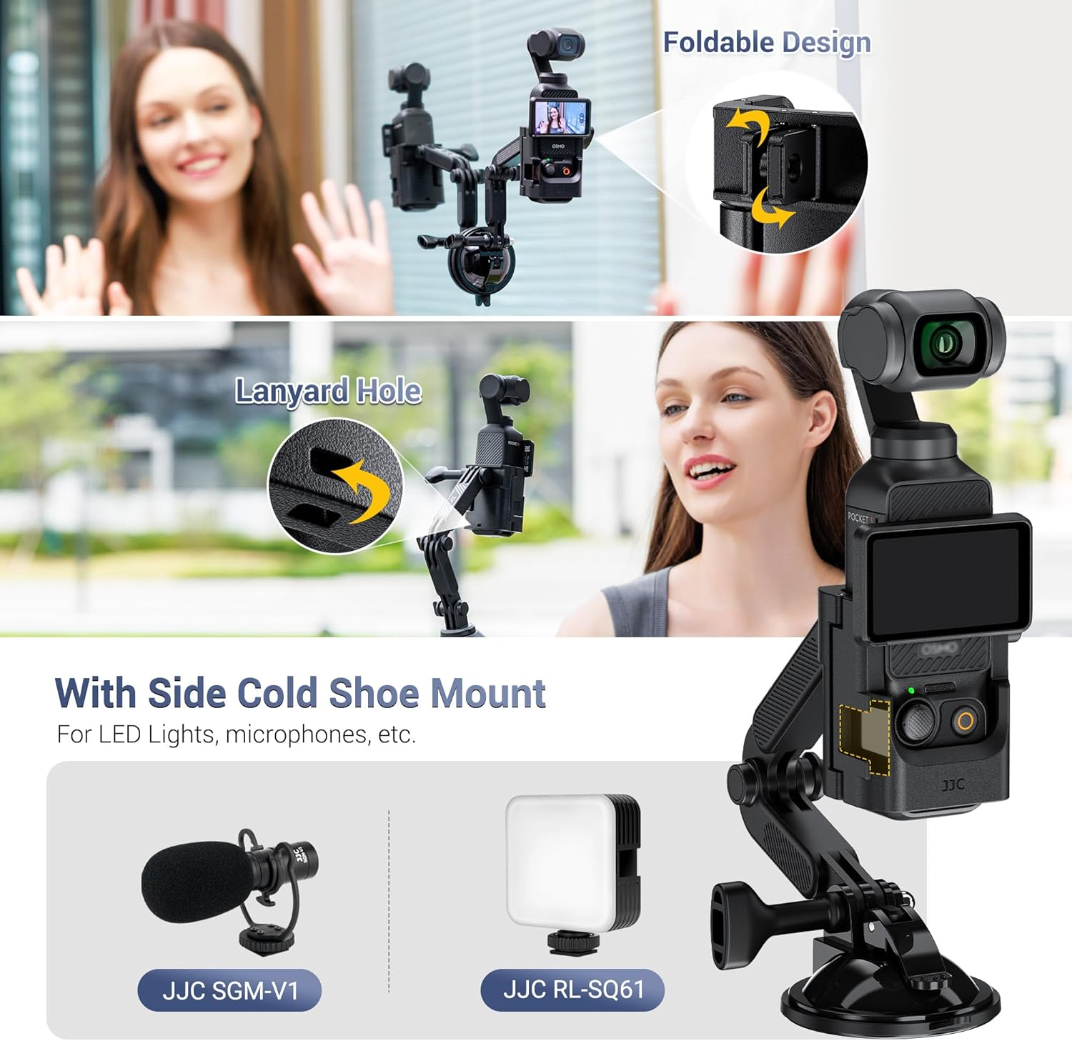 Pocket 3 Suction Cup Mount,Car Windshield Window Dash Holder with 2 Detachable Expansion Arms for Osmo Pocket 3 Action 5 Pro 4 3 Hero 13 12 11 10 9 8 Insta 360 X5 X4 X3 Ace Pro Car Mount Accessories image number 1