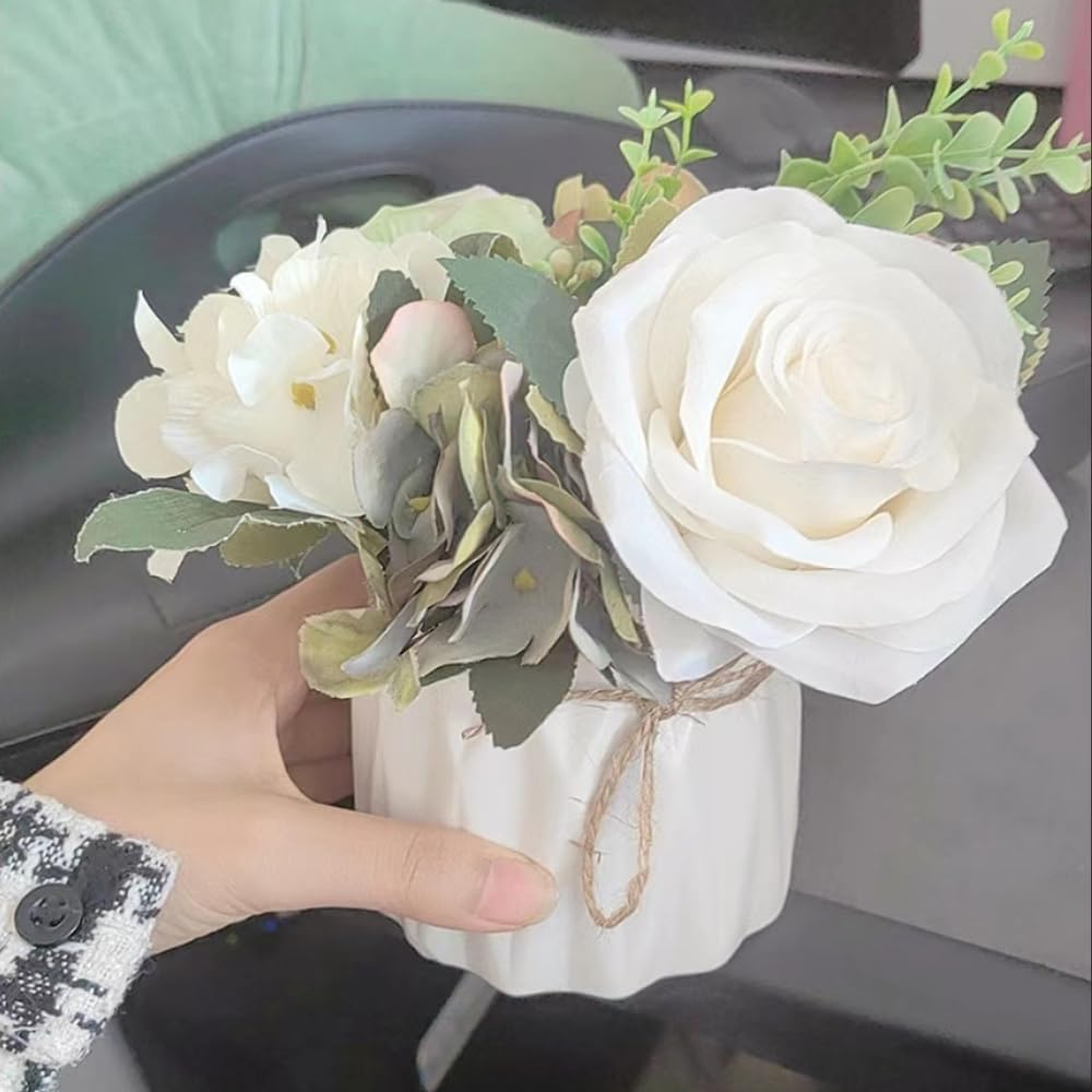 Hbluefat Small Artificial Flowers with Vase,Hydrangea Silk Roses Faux Flower in Ceramic Vase,Faux Flower Arrangement with Vase Suitable for Home Office Decoration,Dining Table Centerpiece (Vitality)