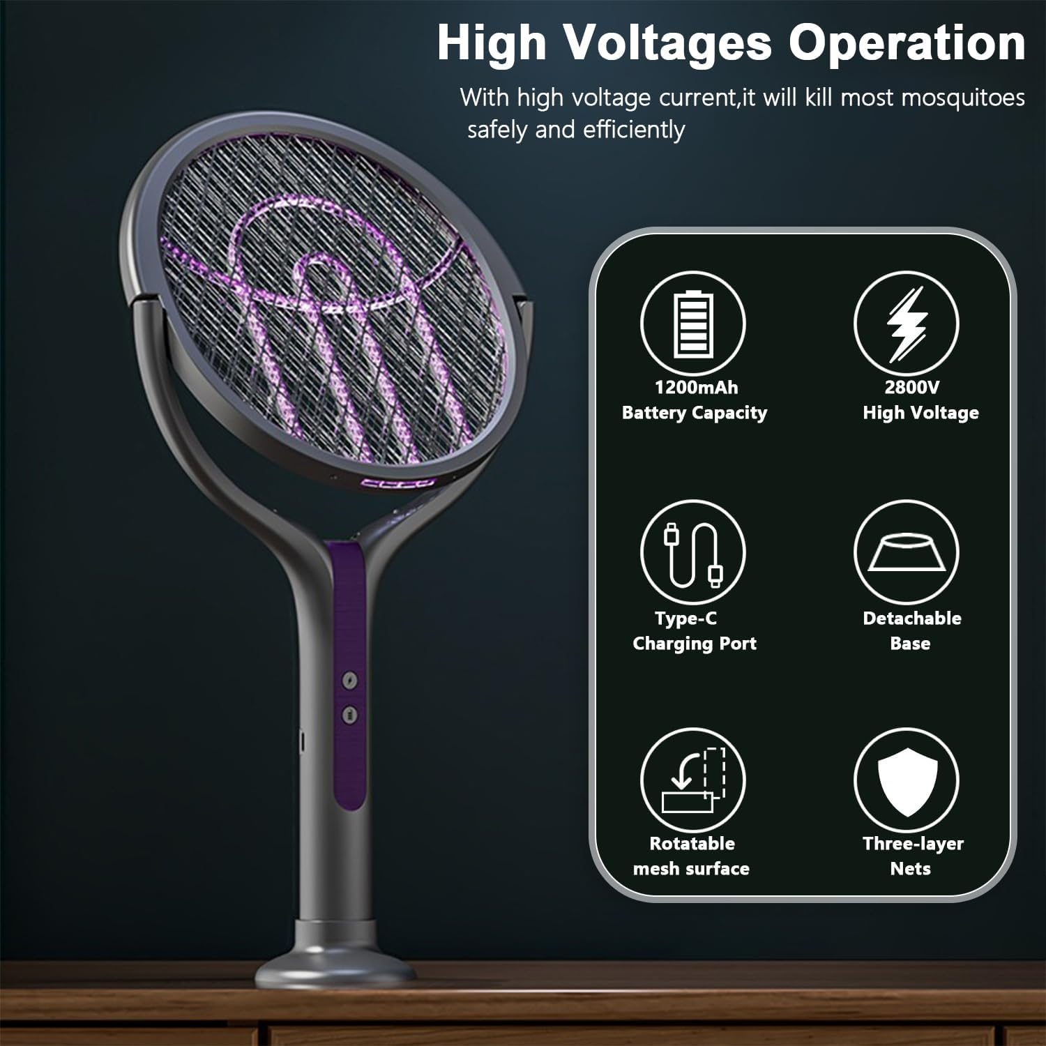 USB-C Rechargeable Insect Zapper Racket with Rotating Head & Telescopic Handle - for Indoors, Outdoors, Home, Office, and Camping image number 5