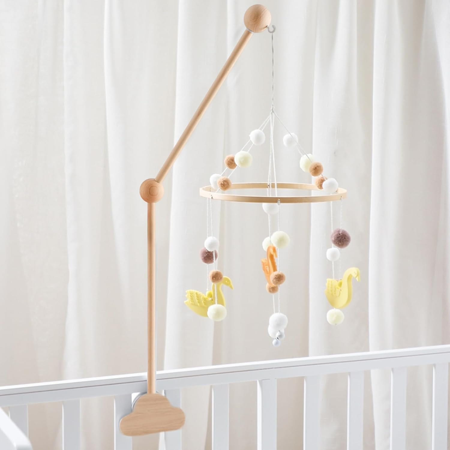 Cot Mobile Arm 69Cm Wooden Cloud Design Detachable Baby Mobile Hanger Height Adjustable Cute Crib Mobile Arm for Home Baby Bed Bell Wind Chimes image number 3