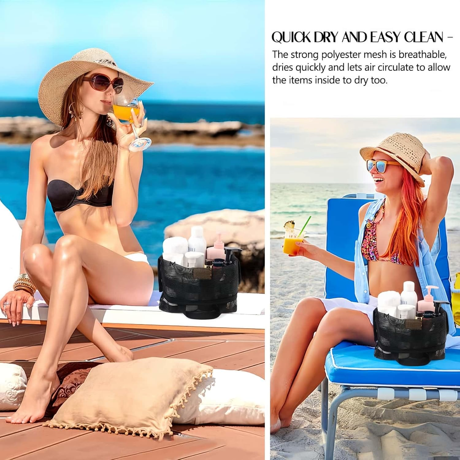 HOLDAWN Portable Toiletry Bag, Quick Dry Mesh Shower Organizer Bags for Travel, Gym, Beach, Bathroom, University Essentials (Black) image number 5