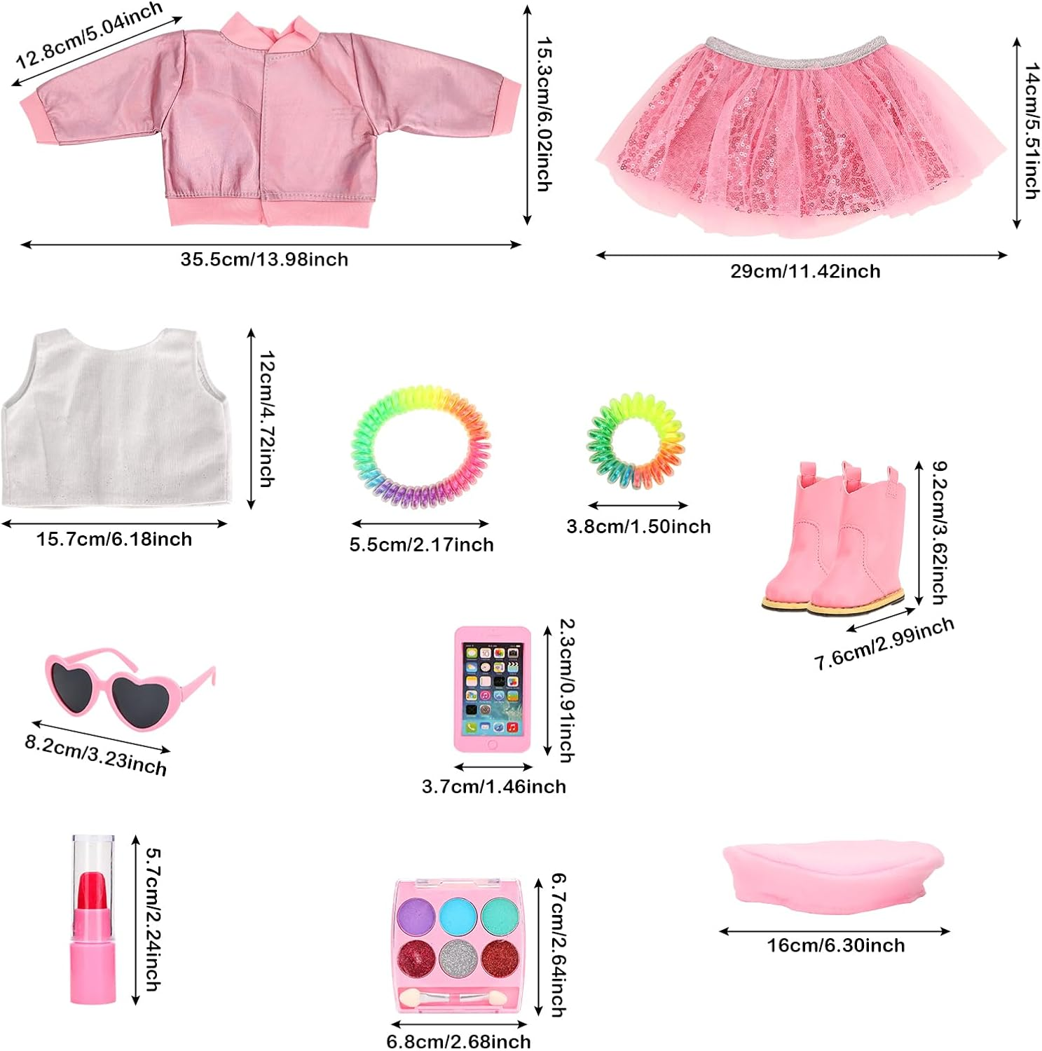 Barwa 11 Pcs American 18 Inch Girl Doll Clothes & Accessories Include Beret T-Shirt Jacket Skirt Boots Phone Doll Makeup Playset Eye Shadow Lipstic for 18 Inch Girl Dolls (NO Dolls) image number 1