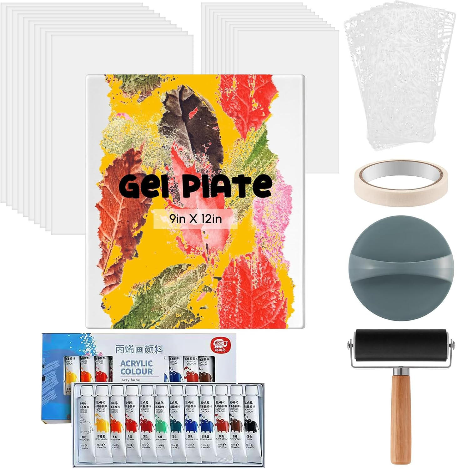 Gel Printing Plate Kit, Complete Printmaking Set with 9'' X 12'' Gelatin Plate, Brayer, Printmaking Paper, Acrylic Paint and Essential Tools for Mixed Media Art, Monoprinting, Card Making