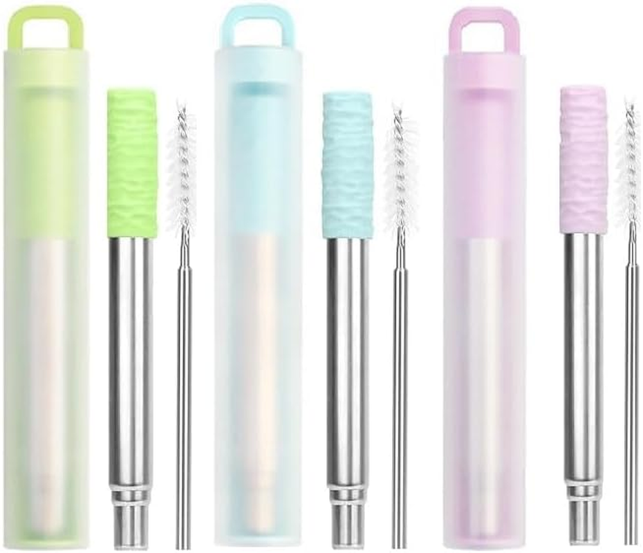 3PCS Reusable Straws Collapsible Stainless Steel Straws with Cleaning Brush & Silicone Tips, Portable Travel Telescopic Drinking Straws with Storage Case. image number 1