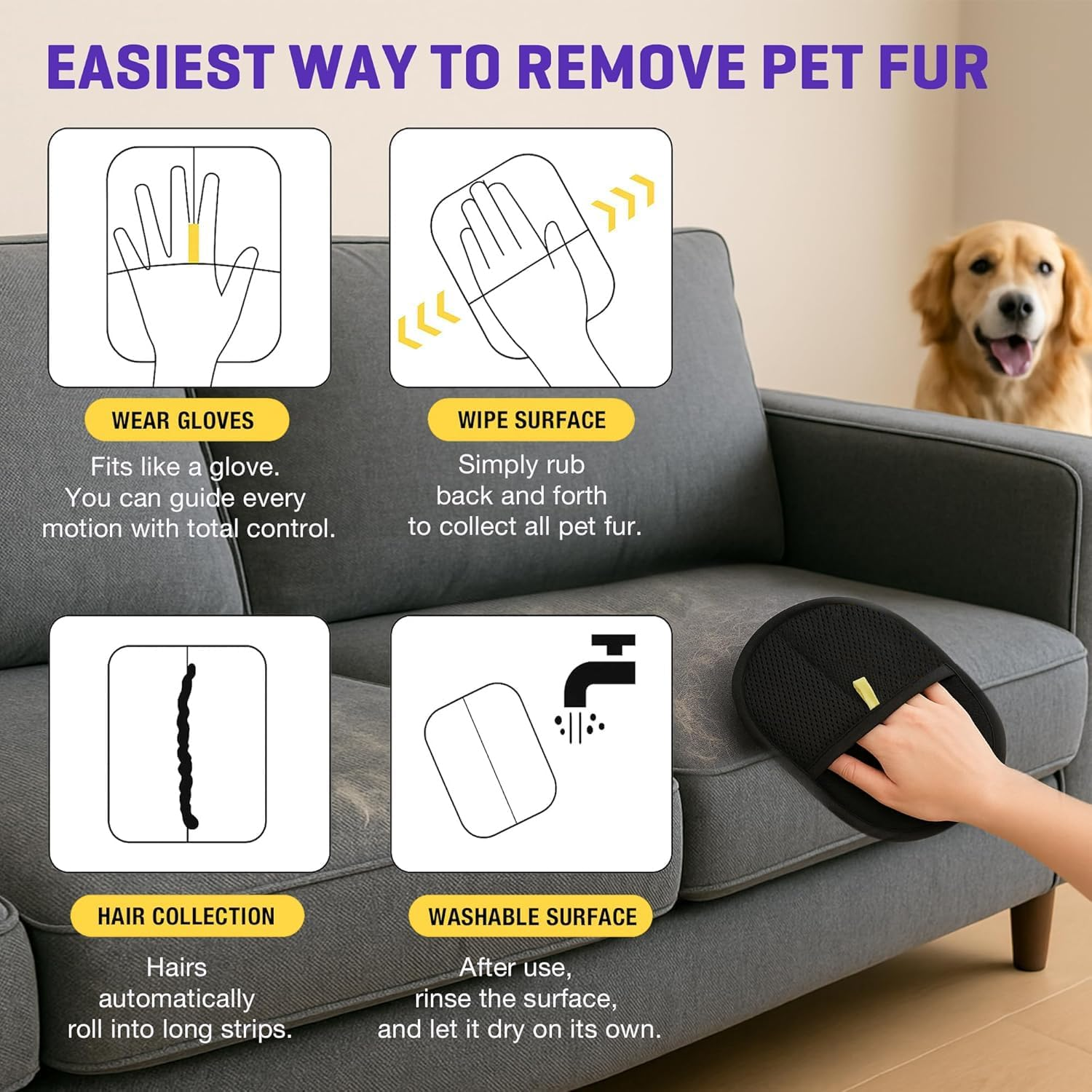 Aymxcls Pet Hair Removal Glove, Washable Reusable Double Sided Static Pet Hair Removal Glove for Couch, Furniture, Carpet, Car Seat (2 PCS) image number 2