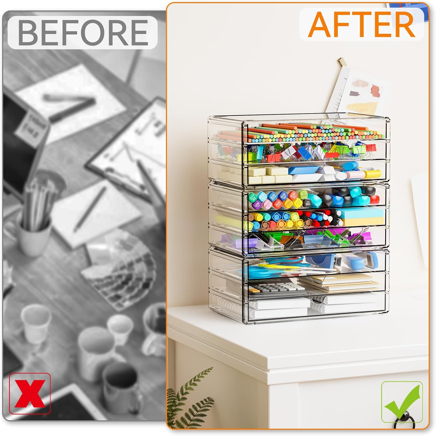 Yieach 11.1 Inch Long Clear Drawer Organizers Stackable,3 Pack Small Acrylic Drawers,School,Office Supplies Organizer and Storage Bins for Stationery,Marker,Pen,Pencil,Craft Desktop Storage Drawers image number 2