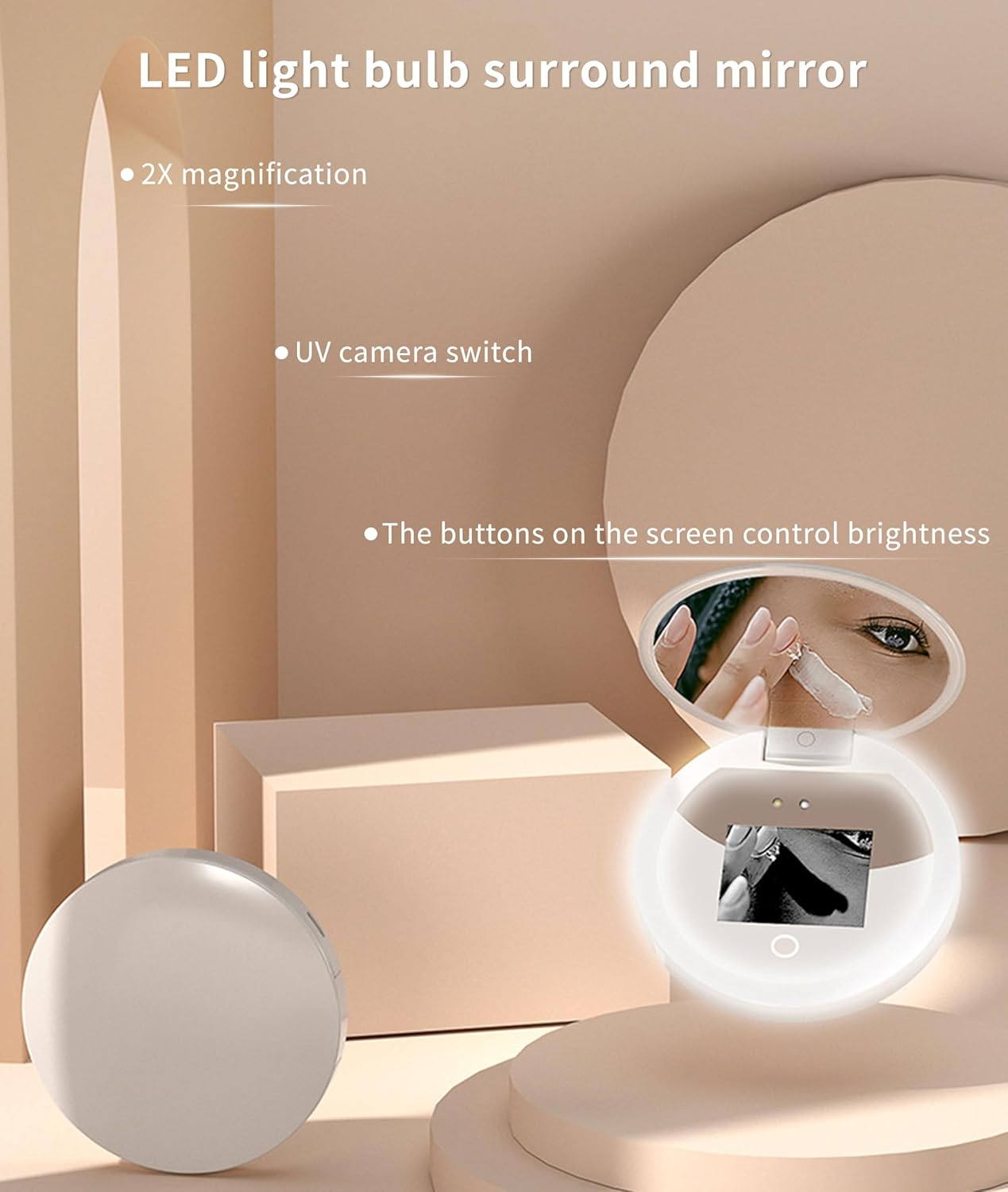 UV Sunscreen Testing Mirror, 2X Magnification 3.5In Pocket Size Sunscreen Testing Camera with Light, Sunscreen Testing Camera Travel Makeup Pocket Mirror with UV Camera image number 4