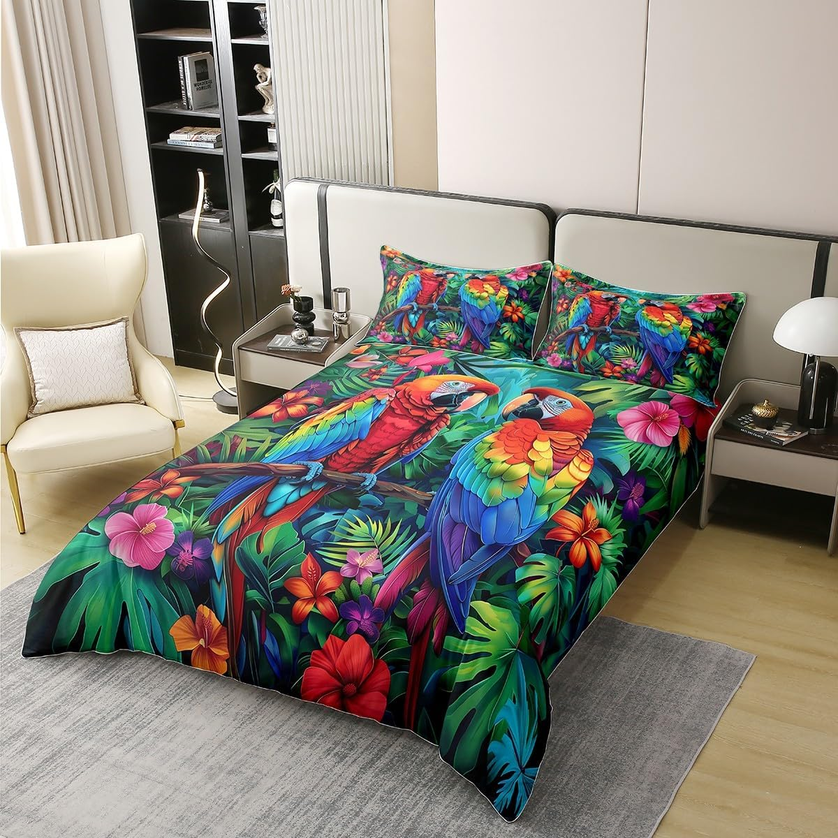 Parrot 100% Cotton Bed Linen Set, Colourful Animals Tropical Jungle Duvet Cover 135 X 200 Cm for Children, Boys, Girls, Teenagers, Palm Leaves, Flowers, Natural Duvet Cover with 1 Pillowcase Bed Set image number 3