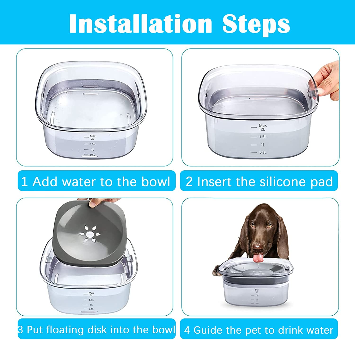 70Oz Dog Water Bowl 2L No Spill Large Capacity Slow Water Feeder, Spill Proof Transparent Pet Dispenser Vehicle Carried Travel Slow Drinking Bowl for Dogs,Cats