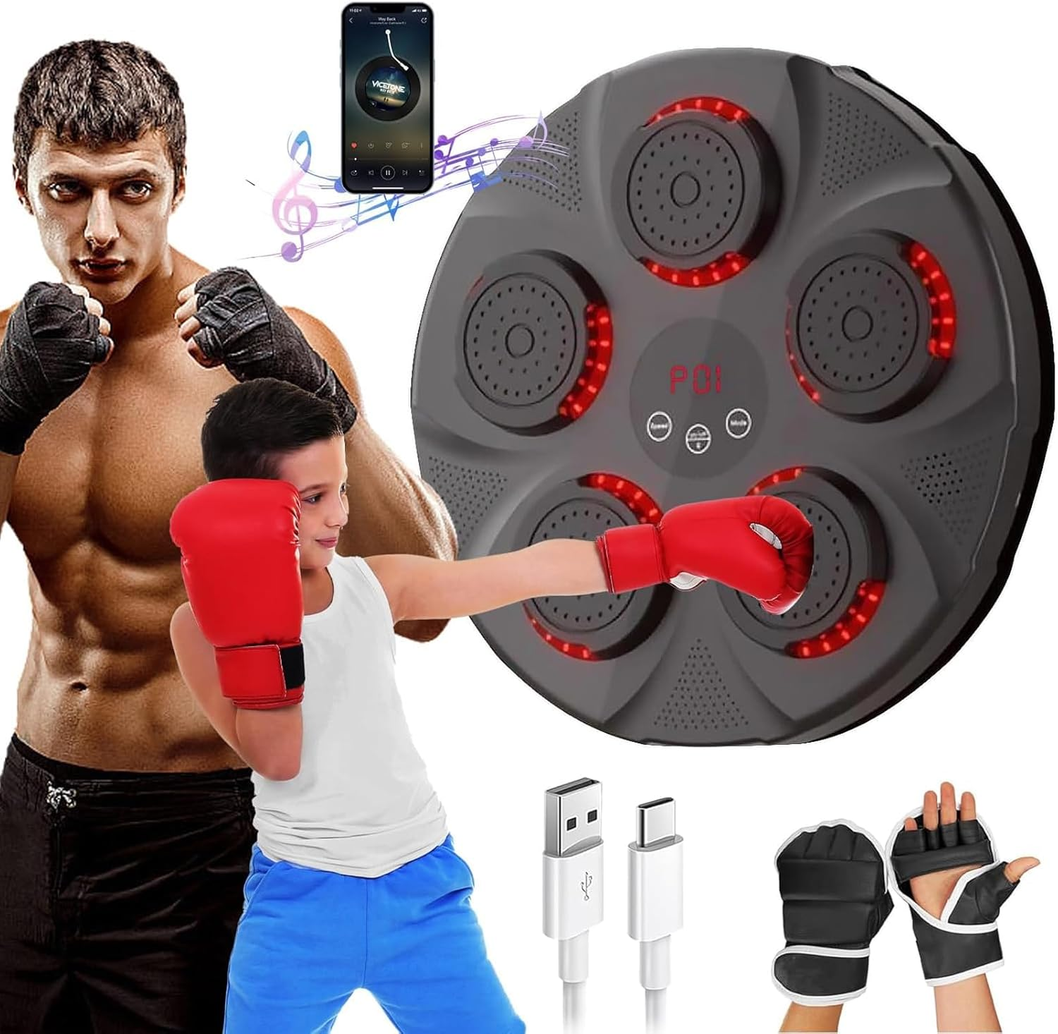 Music Boxing Machine,With LED Lighting Effect Music Boxing Machine,Rechargeable Boxing Equipment Wall Mount,For Family Parent-Child Exercise Boxing Machine (Red Light)