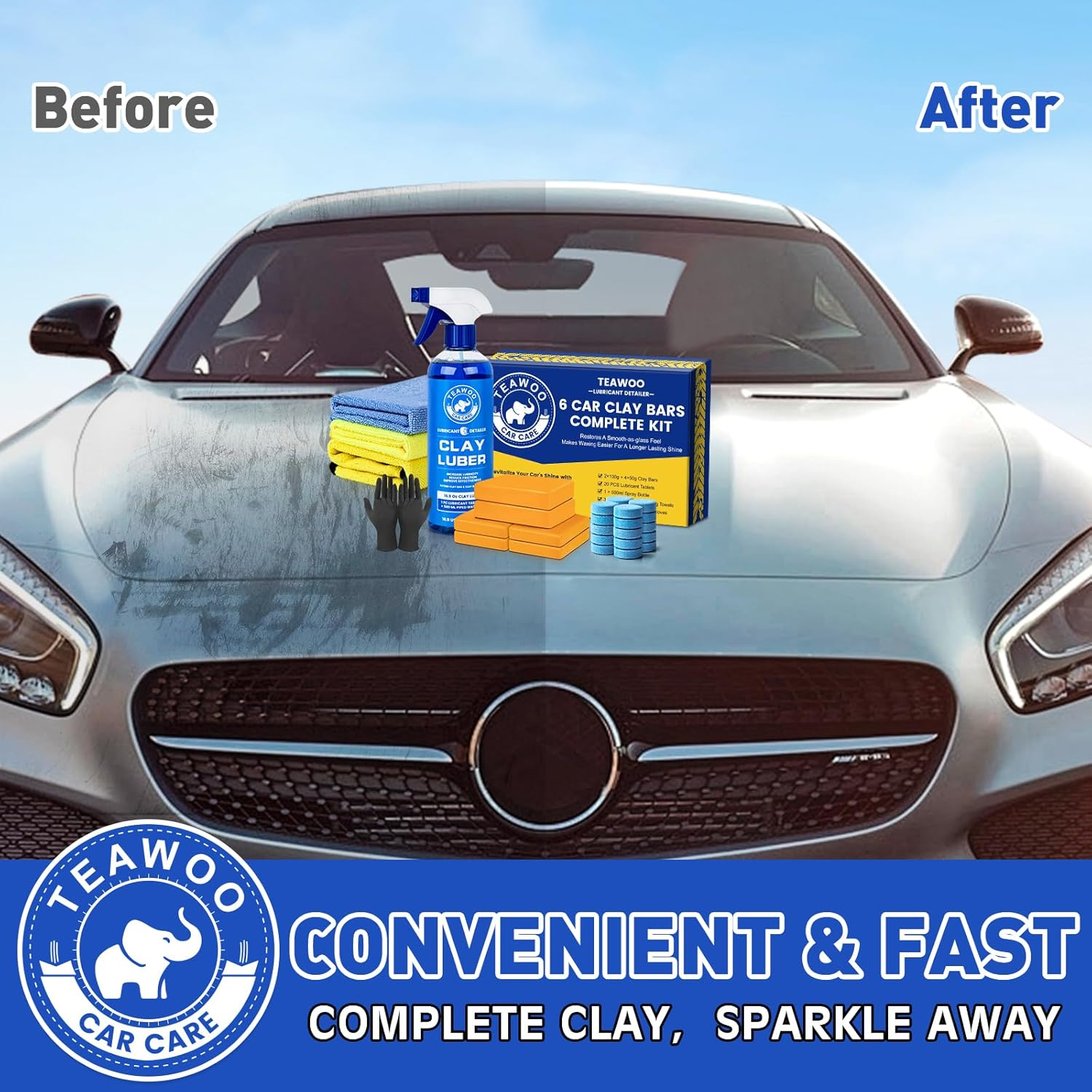 TEAWOO Car Clay Bars Kit, 6 Clay Bars & 20 PCS Lubricant Tablets, Complete Car Detailing Kit, Spray Bottle, Disposable Gloves and Microfiber Towels for Car Detailing Cleaning image number 1