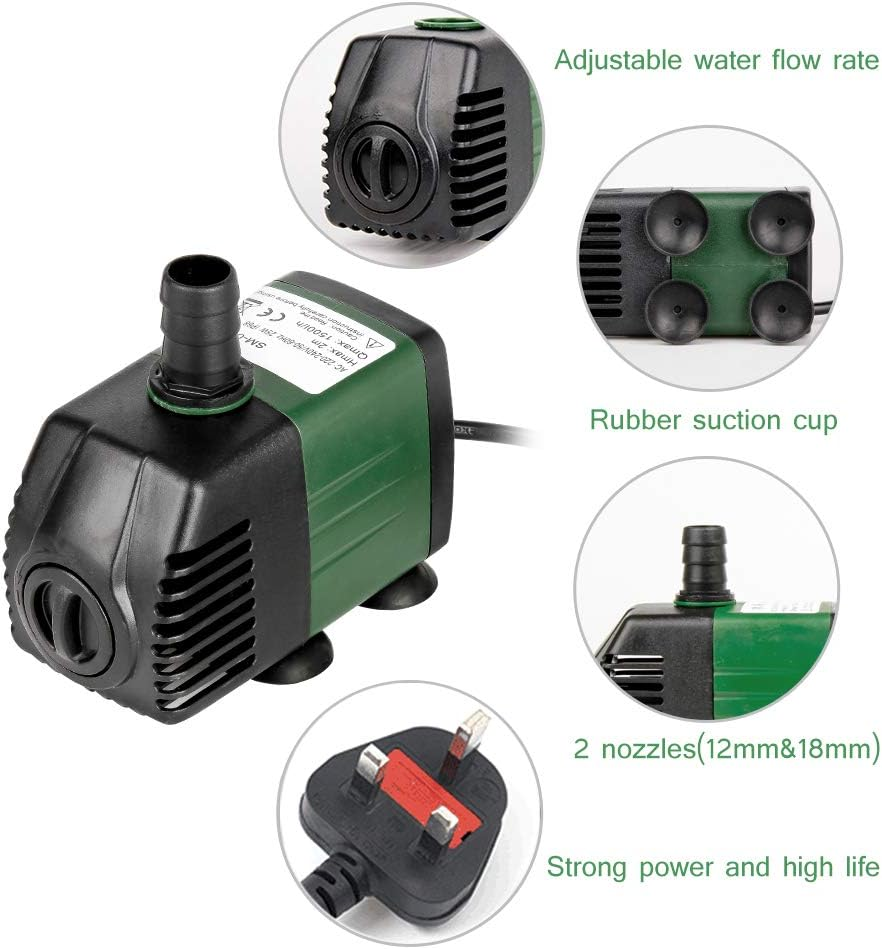 Submersible Water Pump 1500L/H 25W Water Pump for Fountain Aquarium Pond Garden and Ultra-Quiet Water Pump Hydroponics System with 2 Nozzles AC220-240V 2M Lift Height (1500L/H)