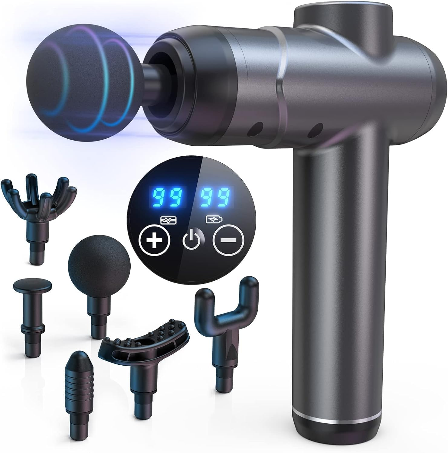 Massage Gun, Deep Tissue Massager Electric Handheld Massagers with 6 Heads 99 Adjustable Speeds Hand Massager with LCD Display Screen Rechargeable for Muscle Pain Relief Recovery image number 1