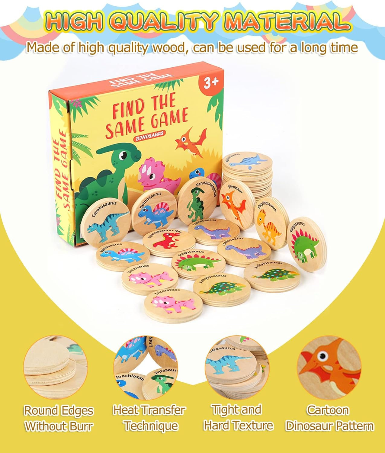 Wooden Match Memory Game for Kids, 24Pc Memory Matching Cards with 5Pc Tattoo Stickers, Educational Memory Matching Game for Pre-Kindergarten Early Learning Development Girls and Boys-Dinosaur image number 4