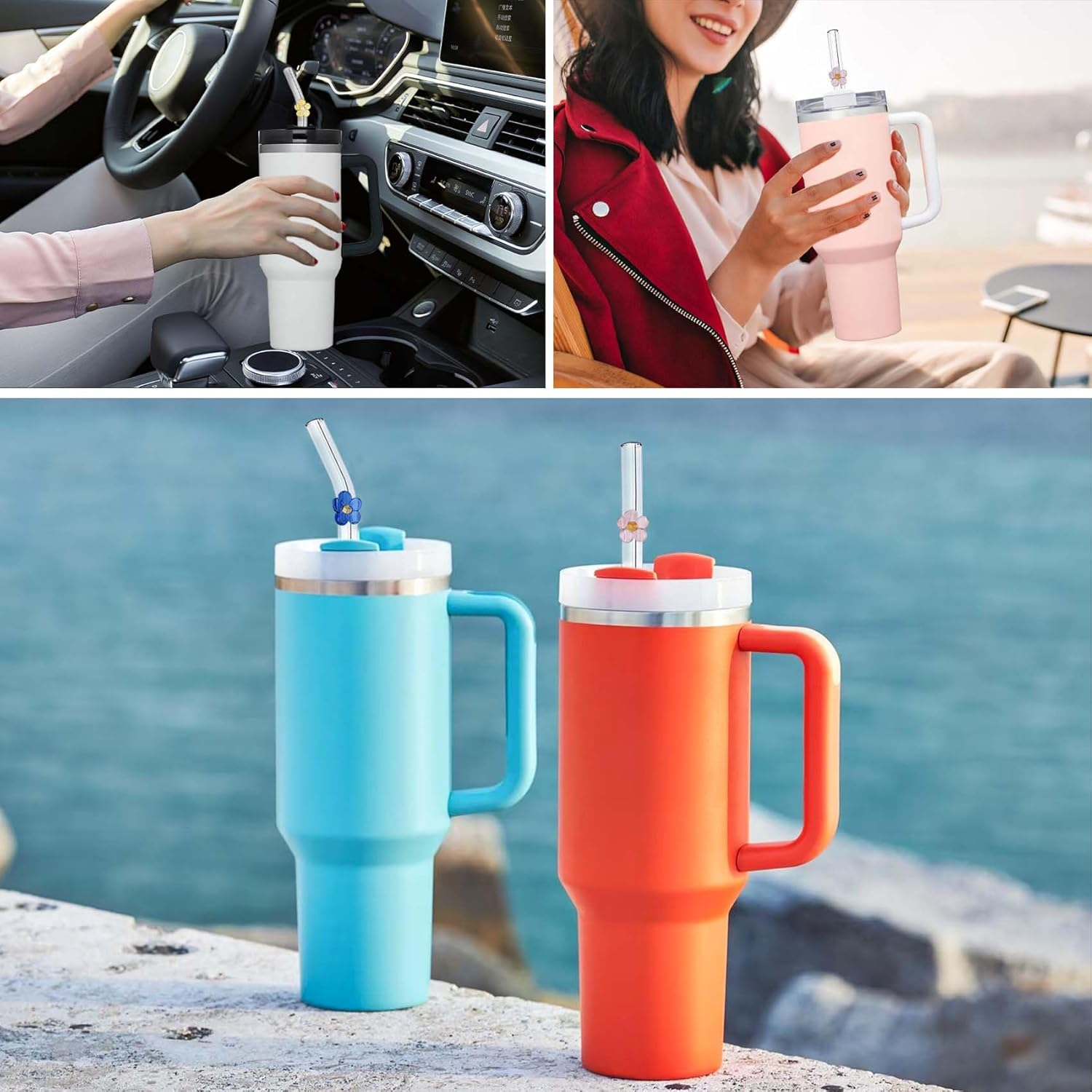 6 Pack Replacement Glass Straws for Stanley 40 Oz 30 Oz Tumbler, Cute Flower Glass Straws with Charms, Stanley Straw with Cleaning Brush Stanleys Cup Accessories - Flower image number 3