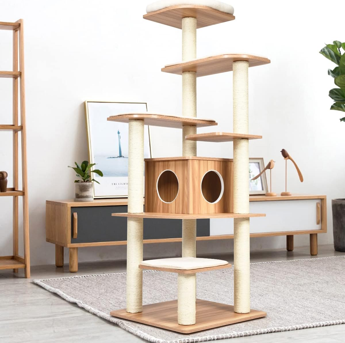 Cat Tree, Wooden Cat Tower with 6-Layer Platform, Sisal Rope Scratching Posts, Washable Plush Cushions, Cat Condo Furniture Activity Center Tower for Indoor Cats Kittens Relaxing image number 2