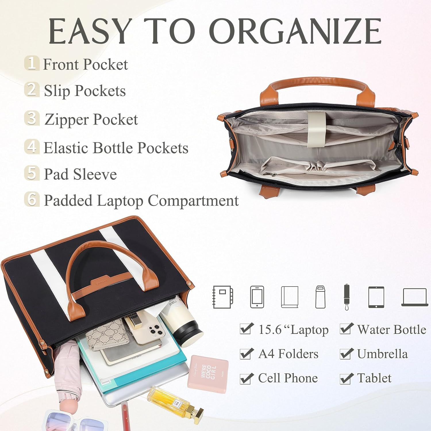 Laptop Tote Women,Ravuo 15.6Inch Ladies Canvas Computer Teacher Handbag Business Briefcase for Colleage W Detachable Shoulder Strap - White image number 5