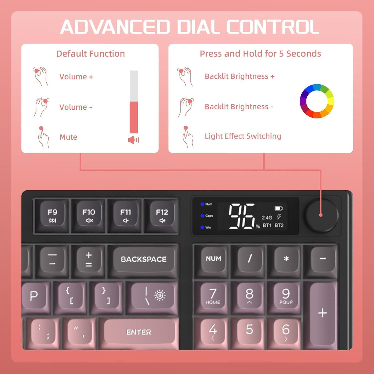 FREEWOLF M96 Wireless Gaming Keyboard Creamy Membrane with Rainbow Backlight,Media Knob,Lcd Screen,Dual Mode-Bluetooth/2.4Ghz,Ball Shape PBT Keycap 94 Key ANSI Layout for Win Mac PC Gamer(Blackberry) image number 6