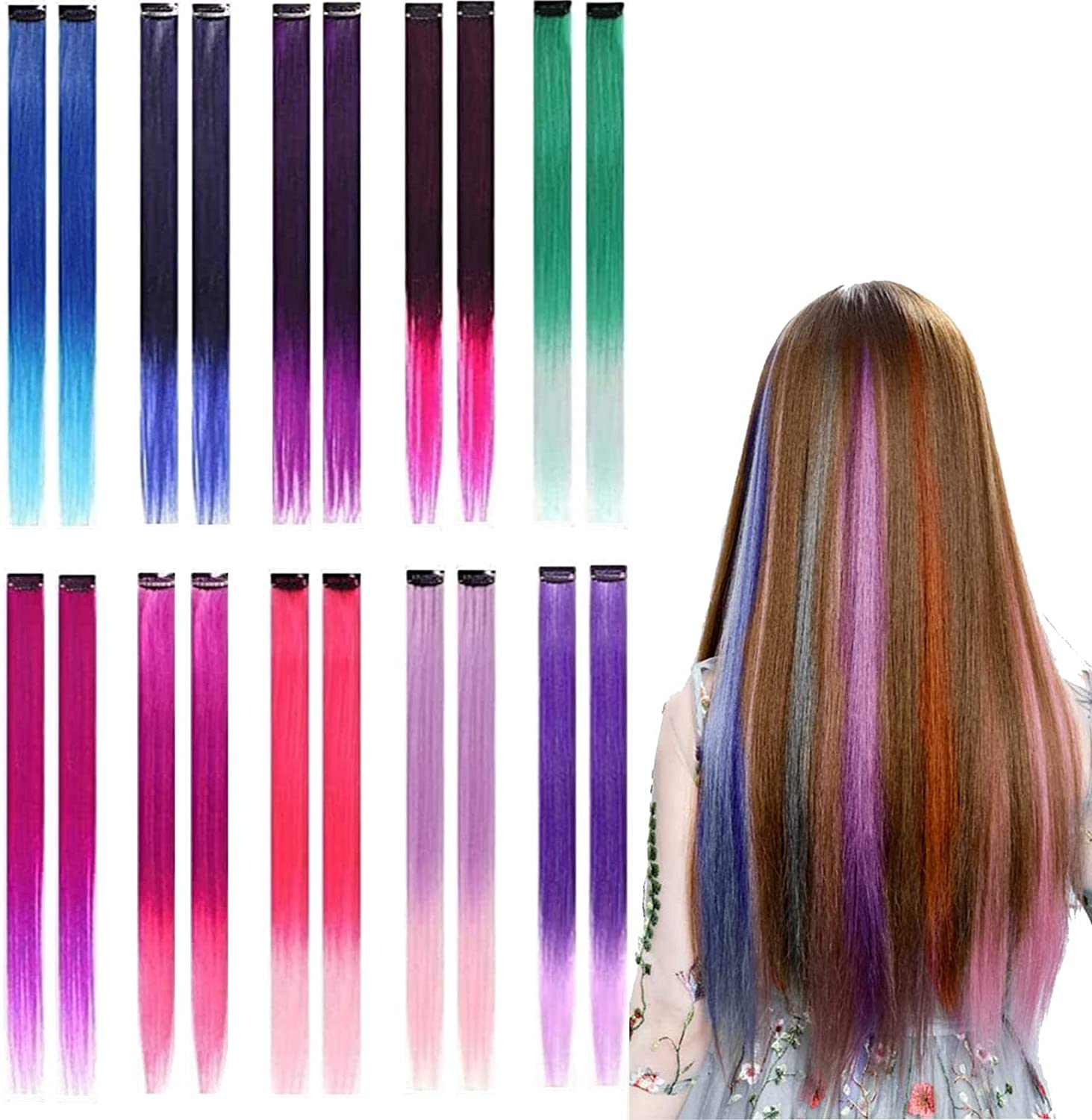 20 Color 21Inch Ombre Coloured Hair Extensions,H HOME-MART Heat-Resistant Synthetic Straight Clip in Hair Extensions for Women Girls Kids Gift Multi-Colors Party Highlights Clip in Synthetic Hairpiece image number 4